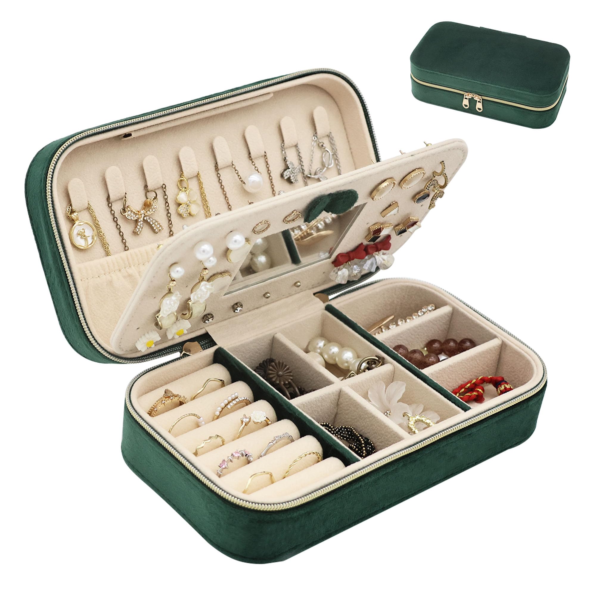 Boxudeli Porta gioielli da viaggio, portagioie piccolo in velluto con specchio per ragazze e donne, organizer portatile per riporre orecchini, anelli e collane (verde scuro)
