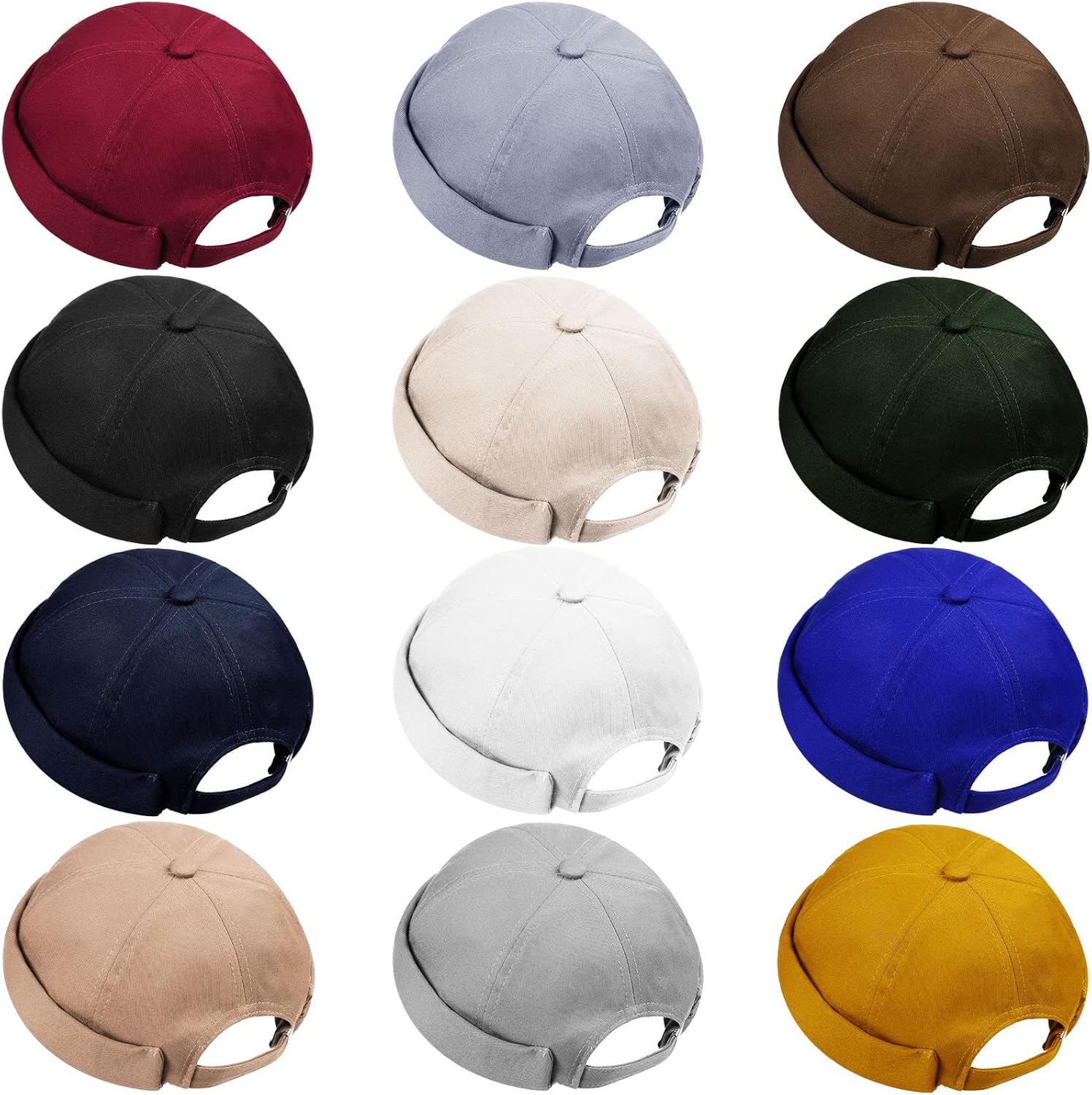 Vabean 12 Pieces Brimless Hat Docker Cap Adjustable Skull Caps for Men Women Rolled Cuff Brimless Beanie Hat, Assorted Color