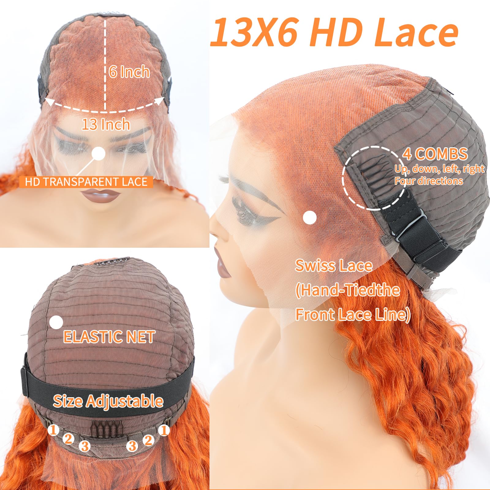 Ginger Wig Human Hair Deep Wave Wig 13x6 HD Frontal Curly Orange Lace Front Wigs Human Hair Pre Plucked 200 Density Glueless Wigs for Women Wet And Wavy 20 Inch - Image 2