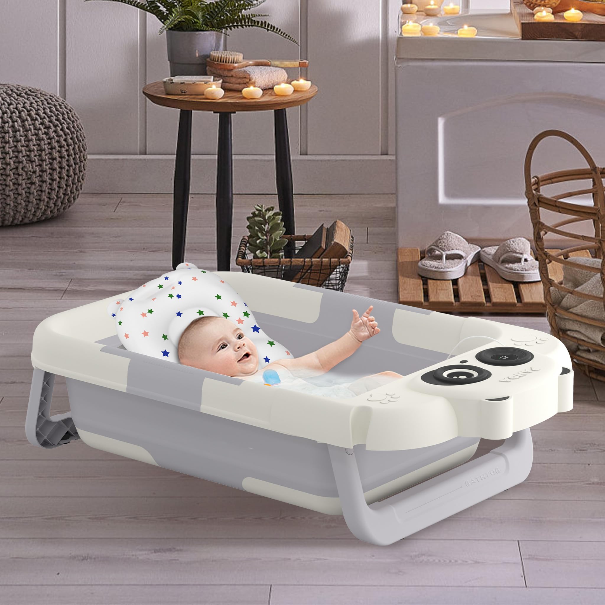 FIVMEN Baby Badewanne Faltbare Babywanne Babybadewanne mit Gestell, Thermometer und Badekissen Rutschfeste Tragbare für Neugeborene Kleinkinder, Panda