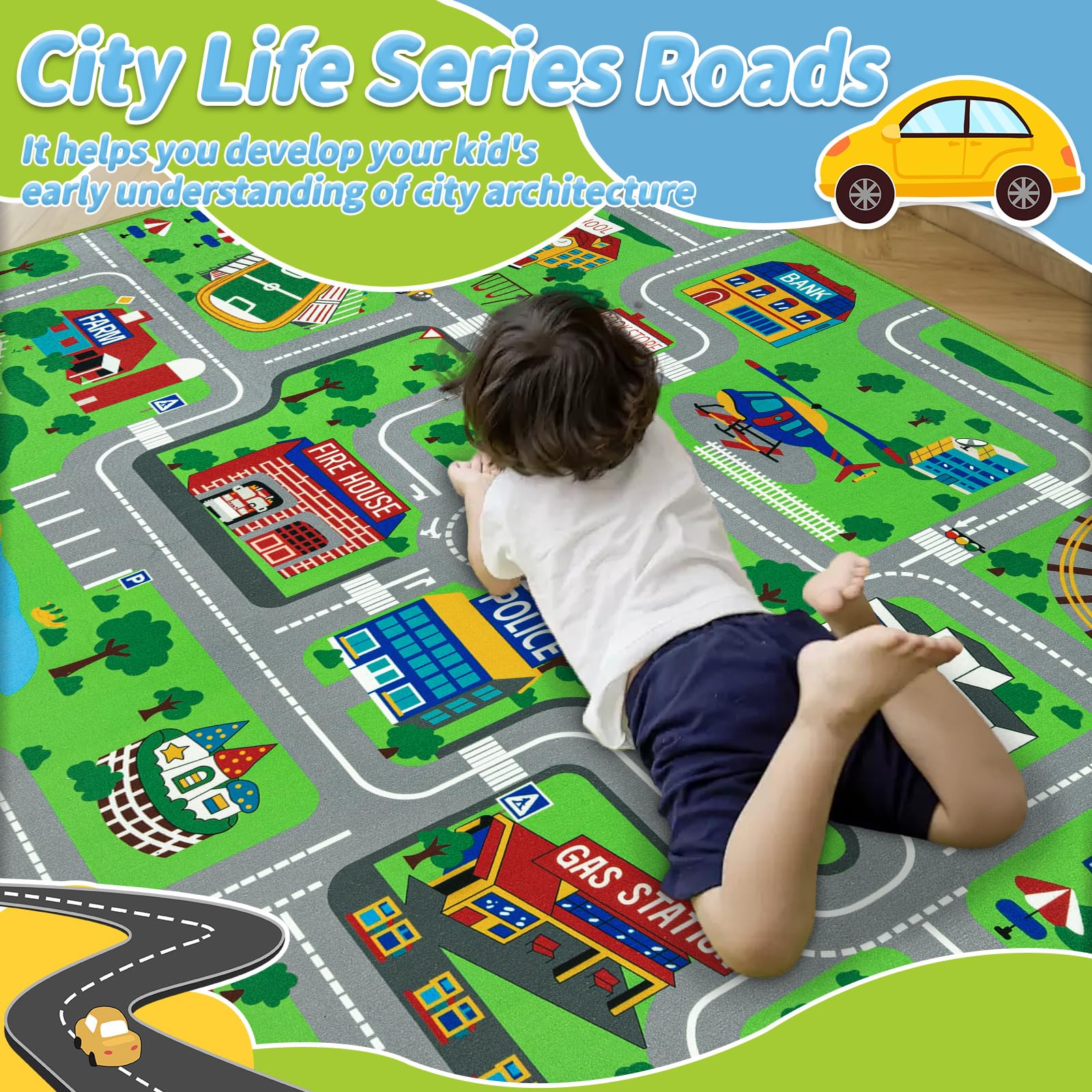 Capslpad Kinderteppich 150x200cm rutschfest Stadtplan Spielteppich Pädagogischer Spielteppich Maschinenwaschbar Kurzer Flor Autoteppich Kinder für Kinderzimmer Schlafzimmer Spielzimme Grün