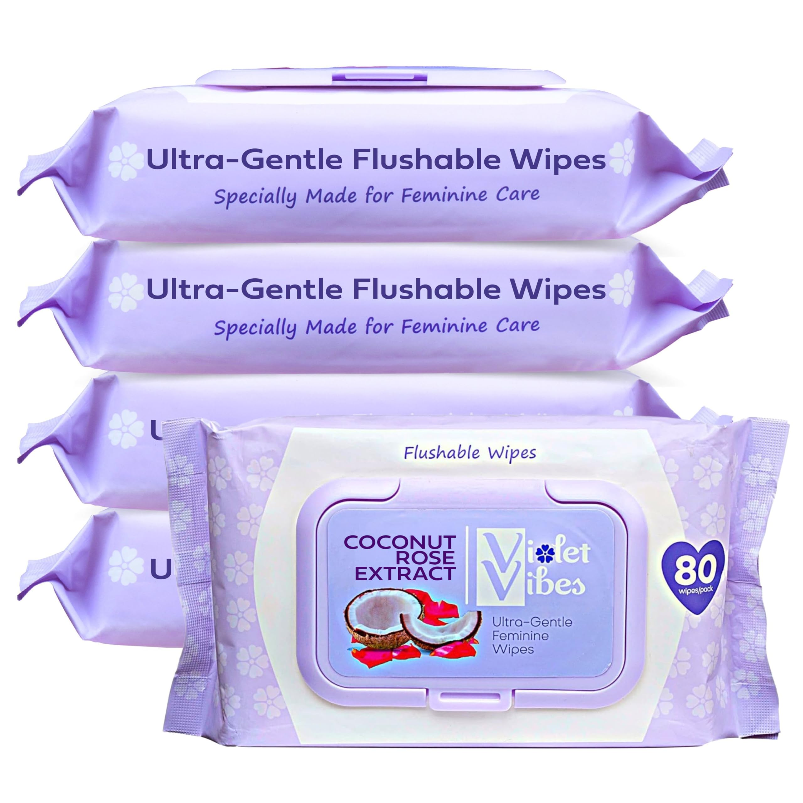 Violet Vibes Flushable Wipes for Women - Coconut Rose, 400 Count, Plant Based, Gentle on Sensitive Skin