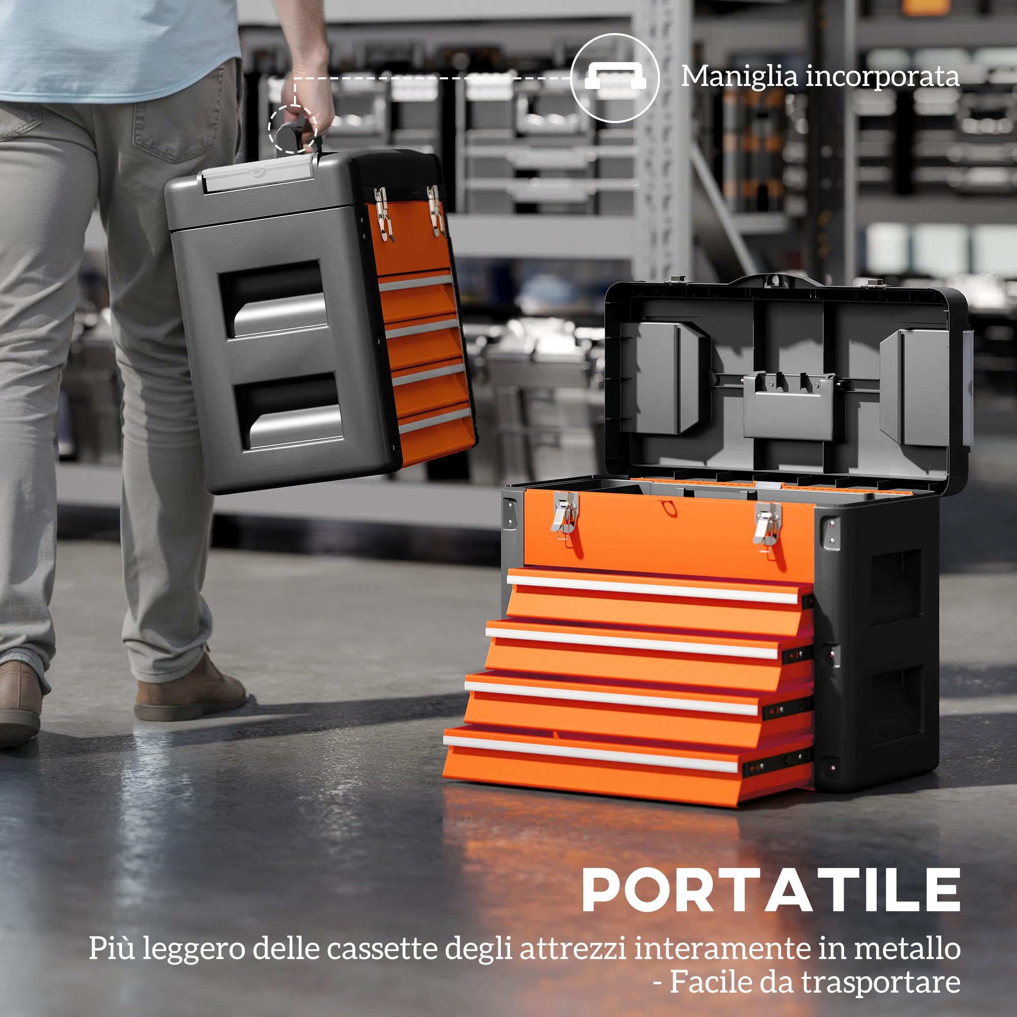 HOMCOM Cassetta Porta Attrezzi con 4 Cassetti Arancione e Nero | Scomparto Superiore, Cassettiera per Utensili e Minuterie, in Acciaio e Plastica