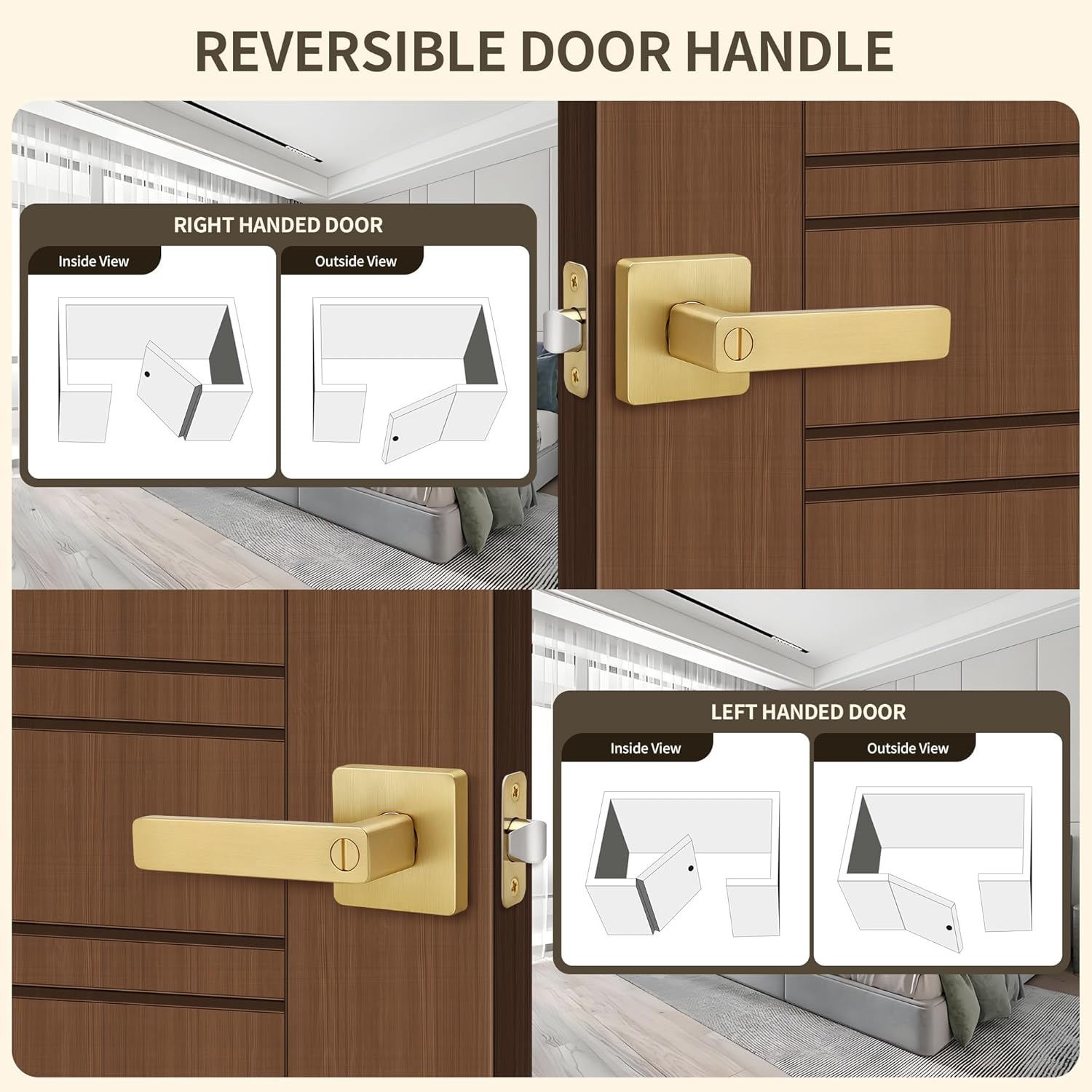 Moquin Privacy Gold Door Handle with Lock, Keyless Heavy Duty Square Interior Door Lever for Bathroom or Closet, Satin Brass, 5 Pack