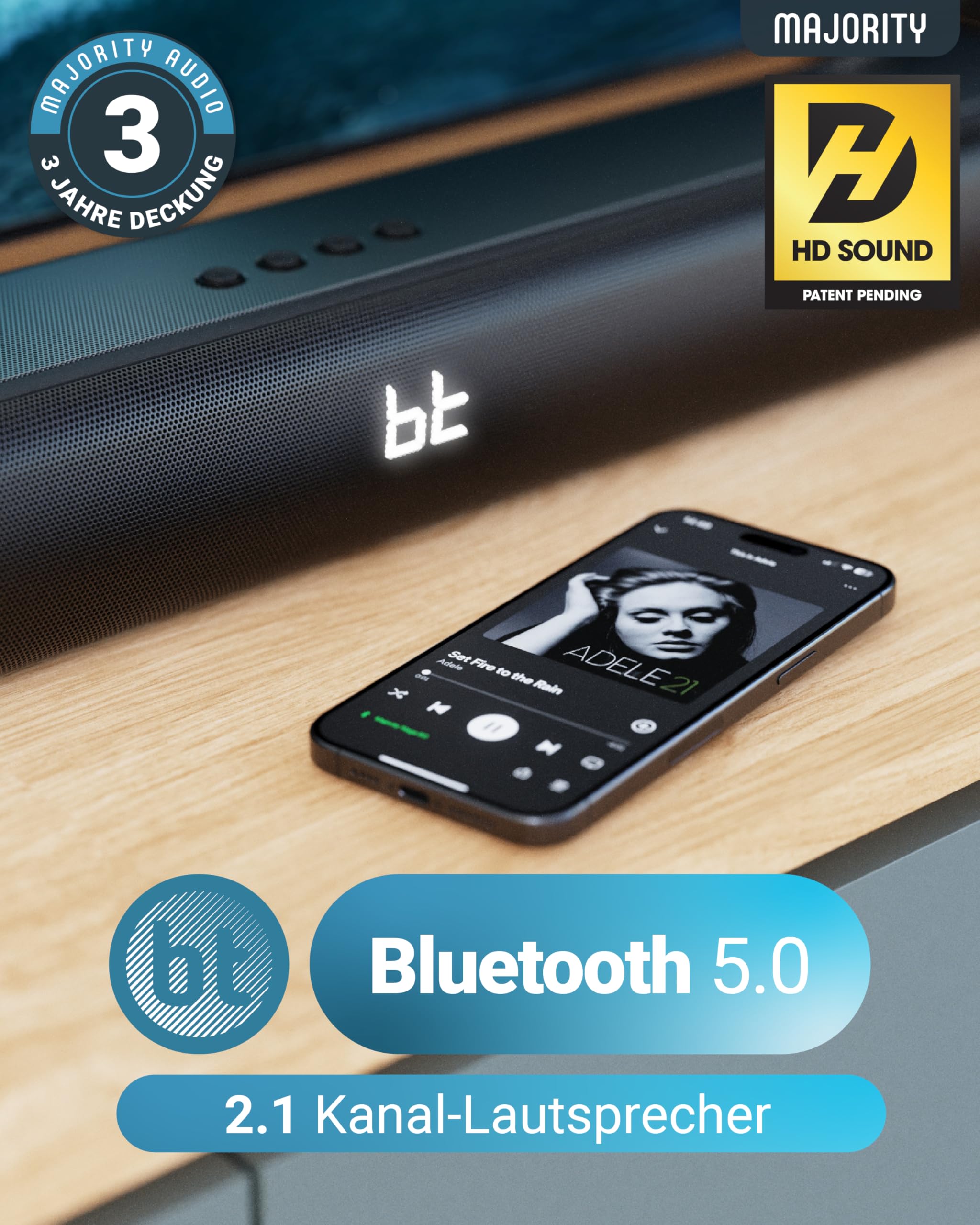 MAJORITY Naga 60 Soundbar für TV Geräte | TV Soundbar mit Integriertem Subwoofer | Bluetooth Sound Bar HDMI ARC | 120W Lautsprecher für Fernseher | 2.1 Soundsystem mit EQ | Wandmontierbar Sound Bar