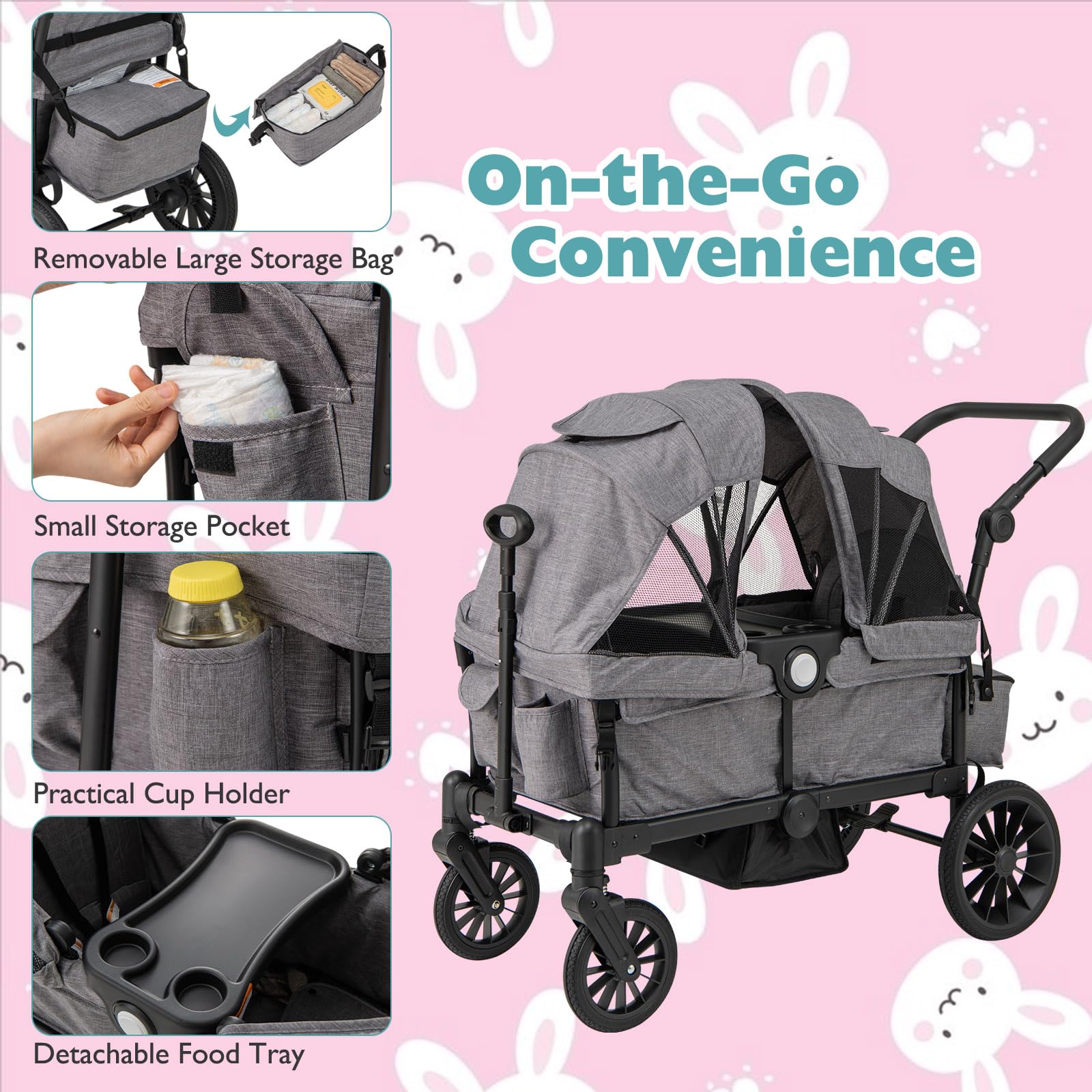 LIFEZEAL 2-Sitzer-Kinderwagen für Kinder ab 6 Monaten, Geschwisterwagen Zwillingskinderwagen mit Becherhalter & Verdeck, Kombikinderwagen mit Wickeltasche für Reisen, 104 x 46 x 107 cm (Grau)