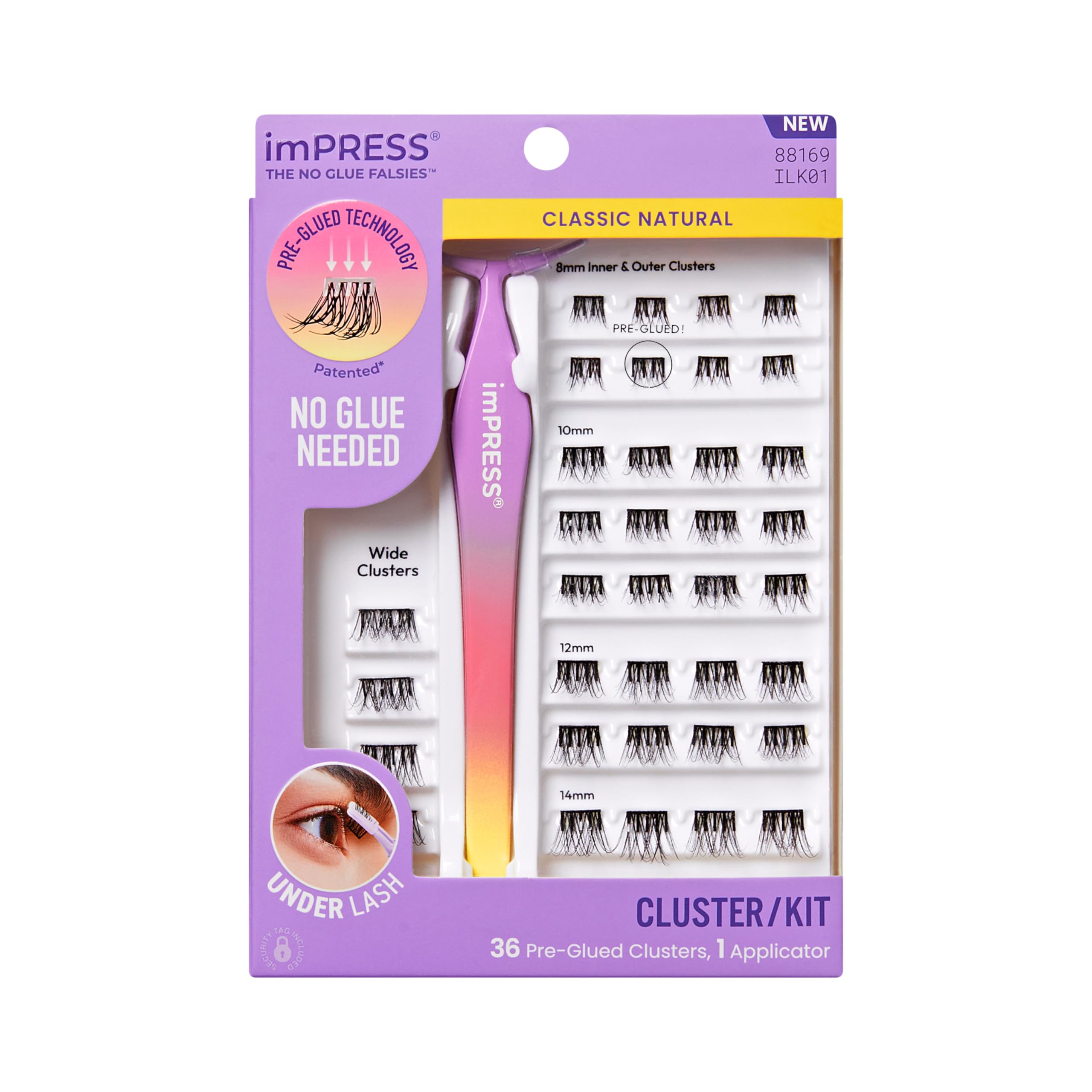 KISS imPRESS Falsies Press On Self Adhesive Eyelashes, 12mm-14mm Natural Volume Press On Lashes, Black, No Glue Needed, Invisible Band, 20 Lash Clusters & Non-Stick Applicator - Natural