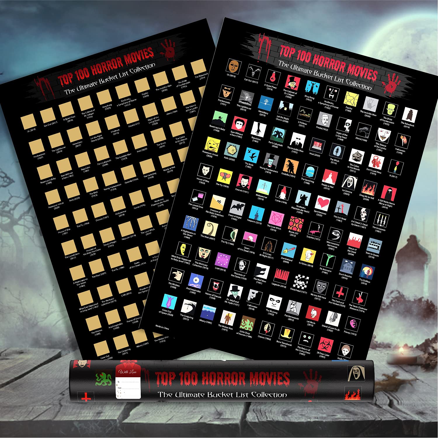 100 Horror Movies Scratch Off Poster with Scratching Tool Bucket List