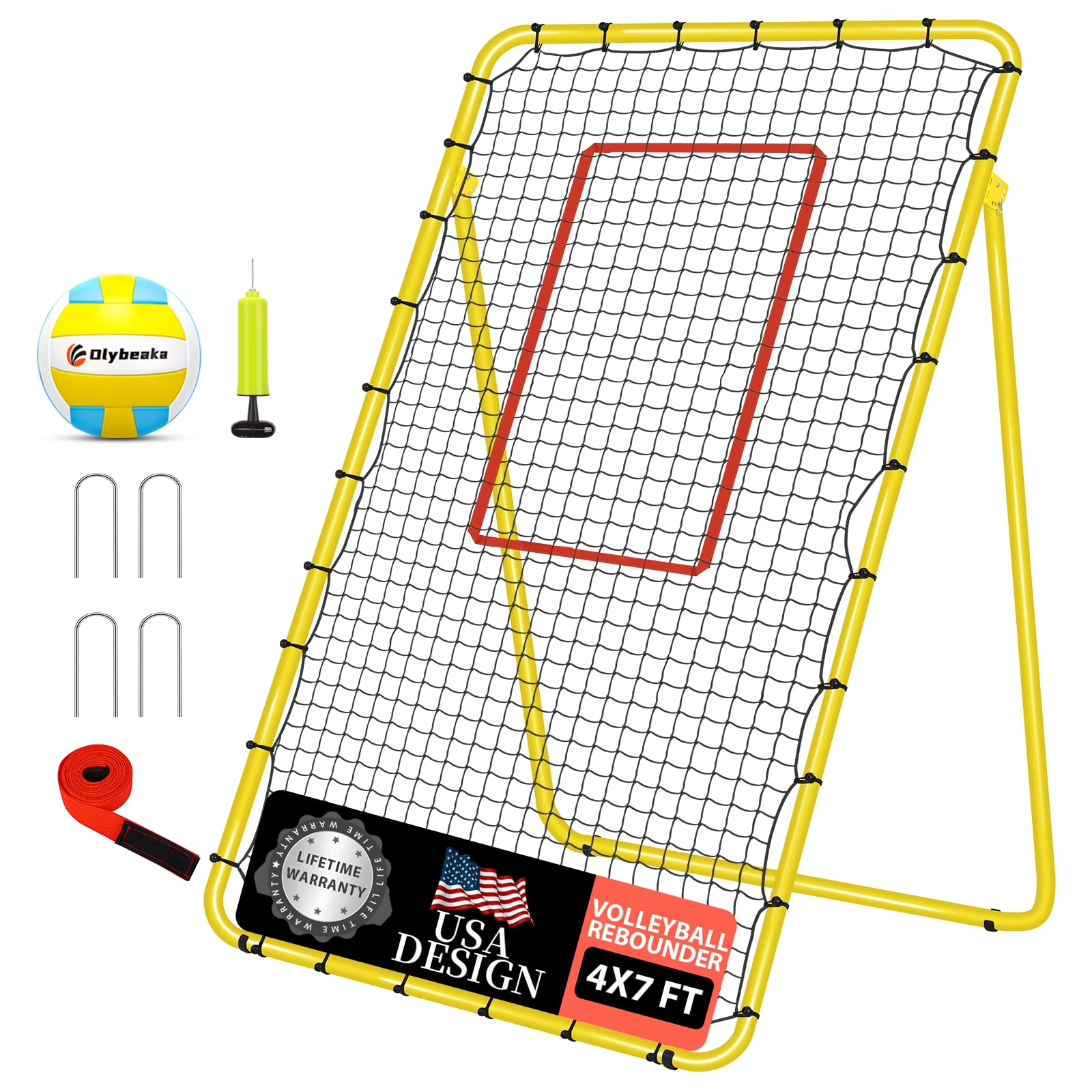 5-angle adjustable volleyball rebounder net 7x4 ft, durable & portable bounce back training equipment for practicing volleying bumping spiking with high-tension net, pu volleyball and pump, stakes