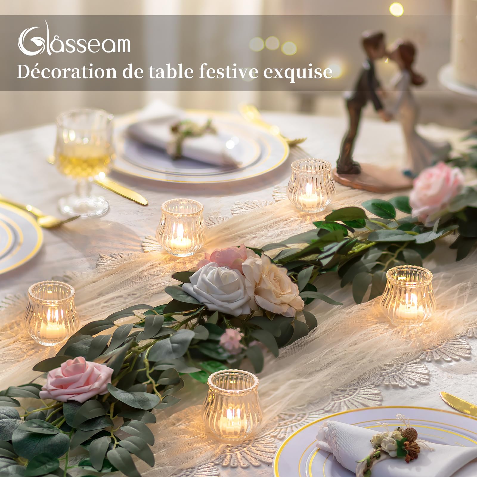 Glasseam Lot de 24 Photophores en Verre : Photophores CôTeléS pour Centre De Table De Mariage Petits Photophore pour DéCoration De Table De NoëL