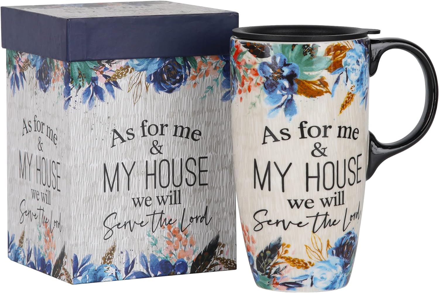 Topadorn Ceramic Travel Mug Latte Mug with Spill Proof Lid and Matching Gift Box,17oz. As for Me & My House We Will Serve the Lord