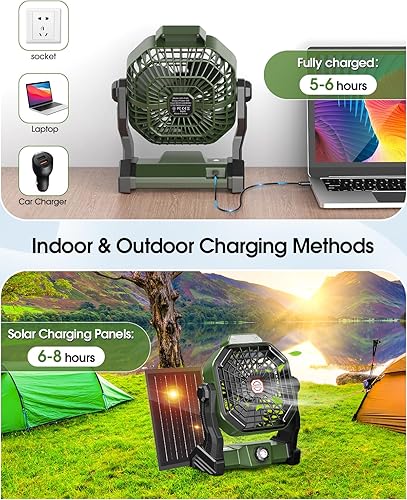 Miniatura 6 de Ventilador solar de 10800 mAh, ventiladores solares de campamento de 7 W y linterna LED, ventilador recargable para exteriores con panel solar,