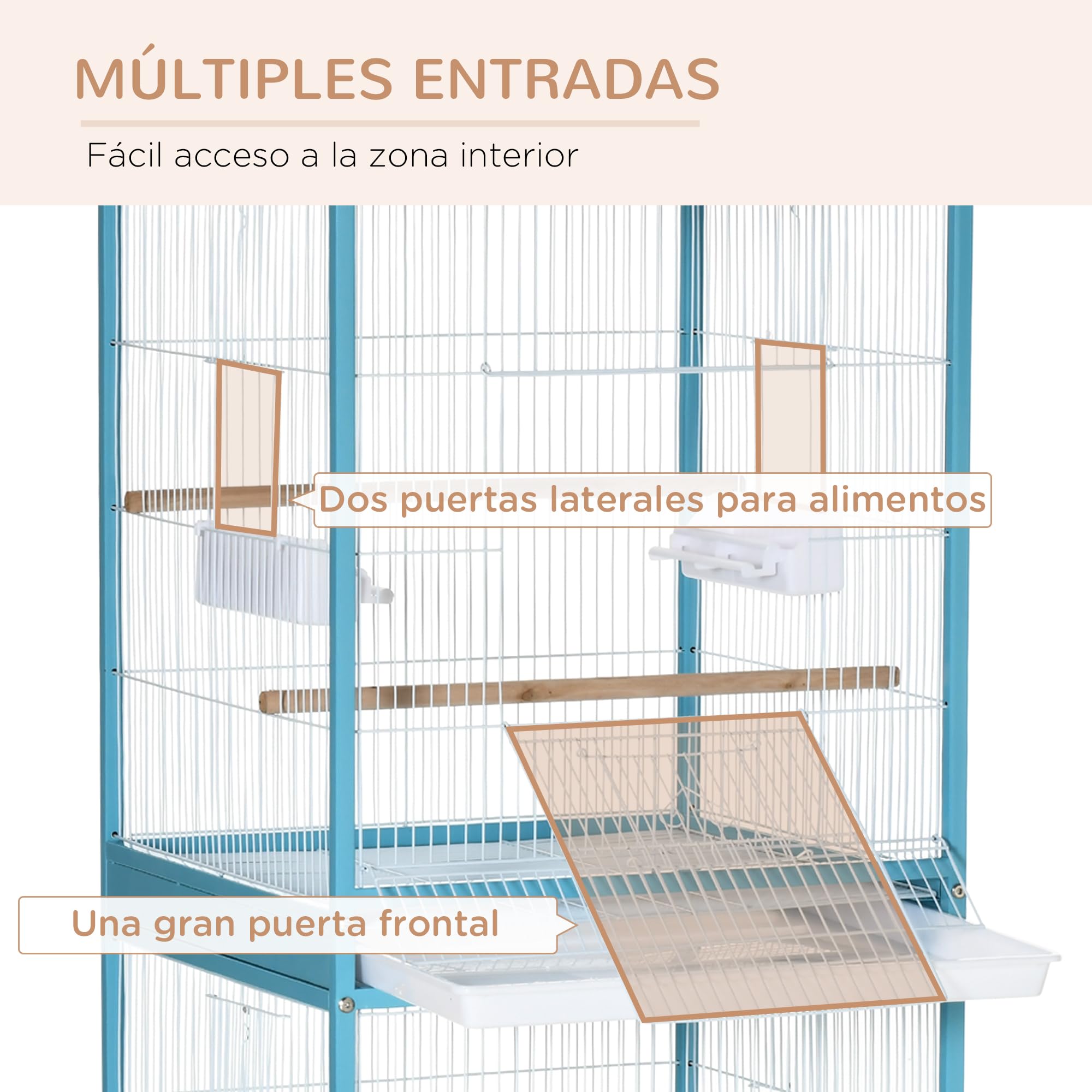PawHut Jaula para Pájaros con Ruedas Jaula Grande de 2 Niveles Pajarera con Bandejas Extraíbles Puertas Comederos Perchas para Canarios Periquitos 51,5x50x140 cm Azul