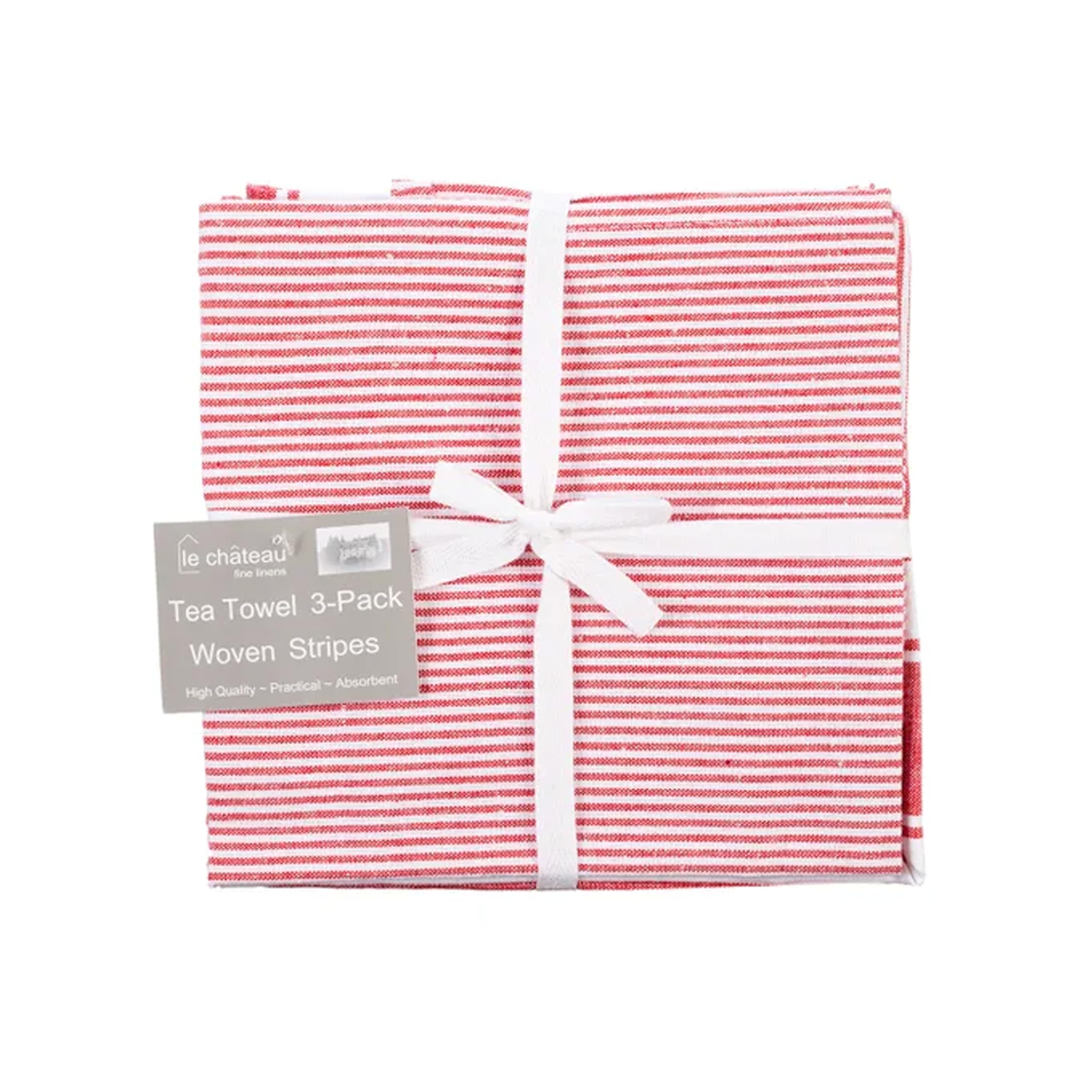 Auntie Morags Red & White Le Chateau Woven Stripe Kitchen Tea Towels - Set Of 3 Stripey Patterned Cotton Kitchen Linens Gift Set