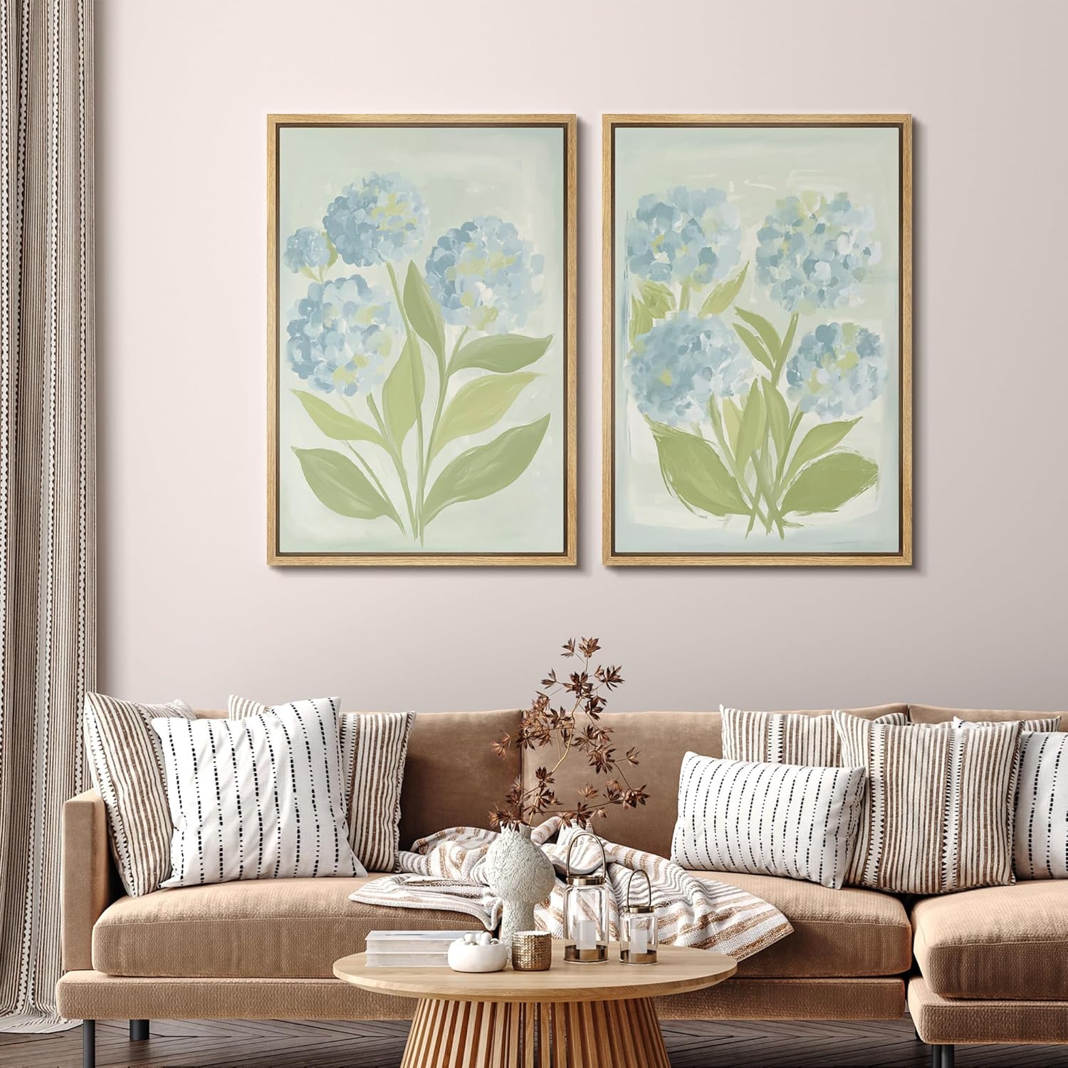 SIGNFORD Framed Canvas Print Wall Art Set Soft Hydrangea Pair Light Blue Florals with Green Leaves Illustration Modern Art Decorative Nature for Living Room, Bedroom, Office - 16"x24"x2 Natural