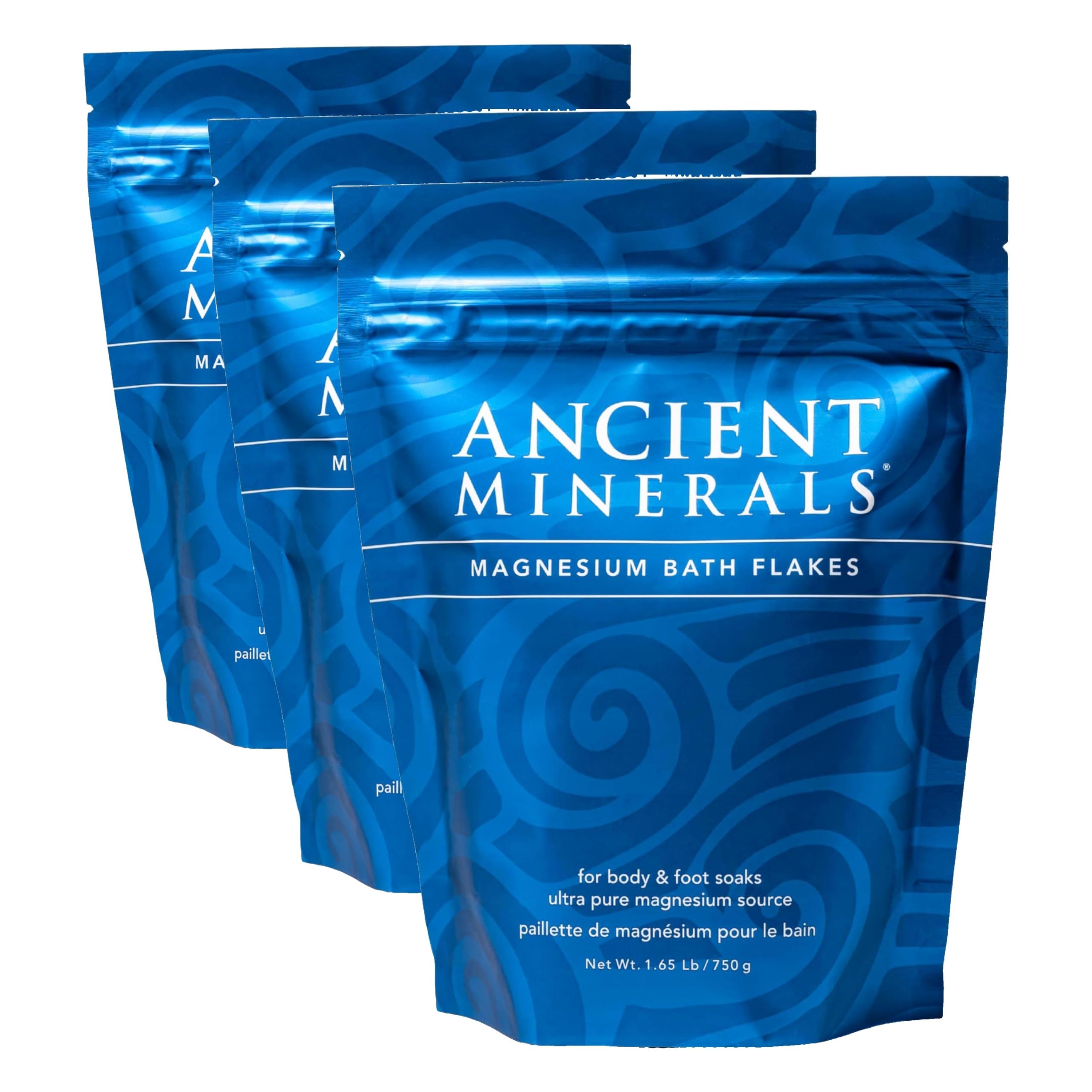 Ancient Minerals Magnesium Bath Flakes of Pure Genuine Zechstein Chloride - Resealable Magnesium Supplement Bag that Will Outperform Leading Epsom Salts 1.65 lbs (Pack of 3)