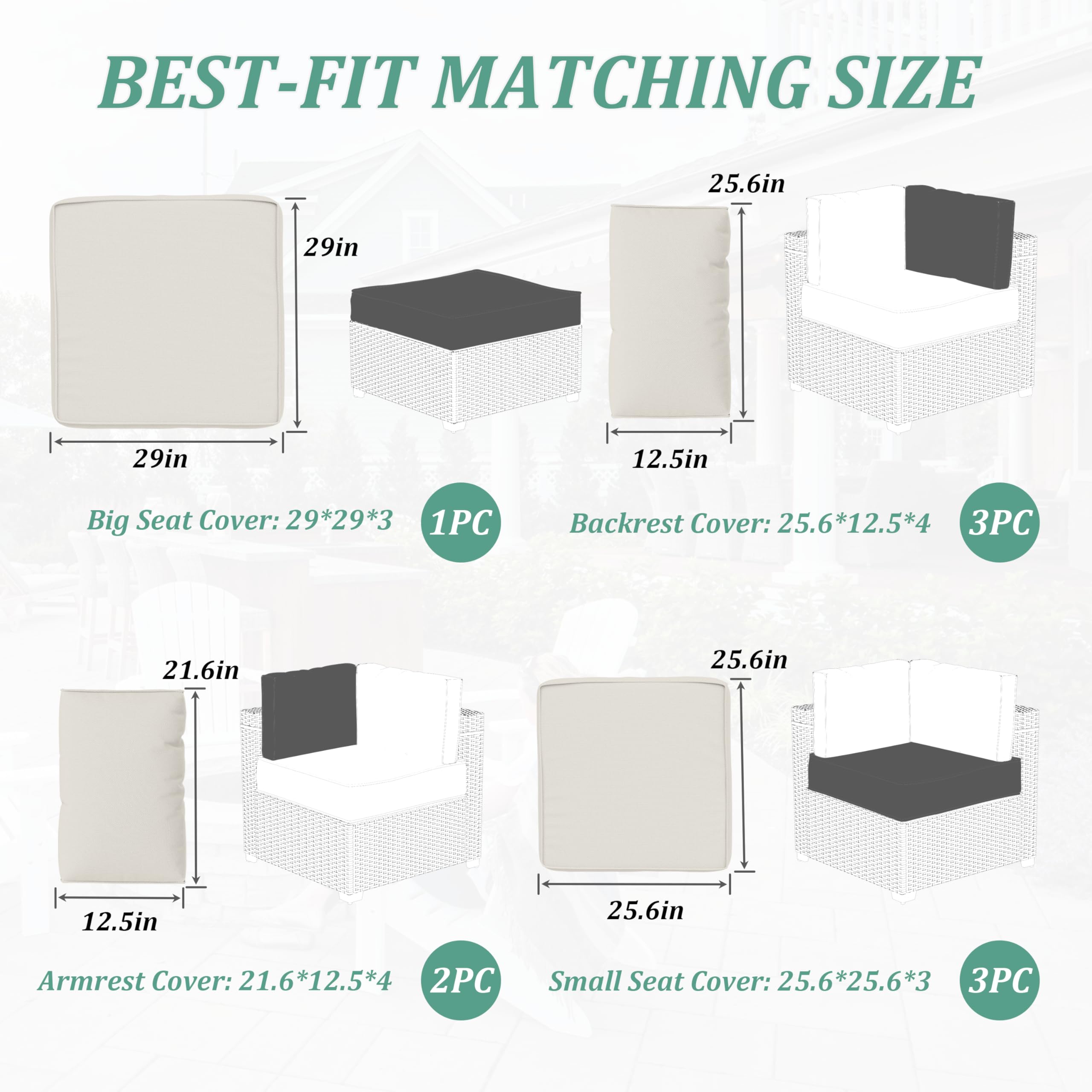 Kimunuk 9 Pcs Patio Cushion Covers Outdoor Patio Cushions Covers, Replacement Waterproof with Zipper for 5 Pcs Patio Furniture Set, Patio Sofa Couch 4 Sizes, Covers Only