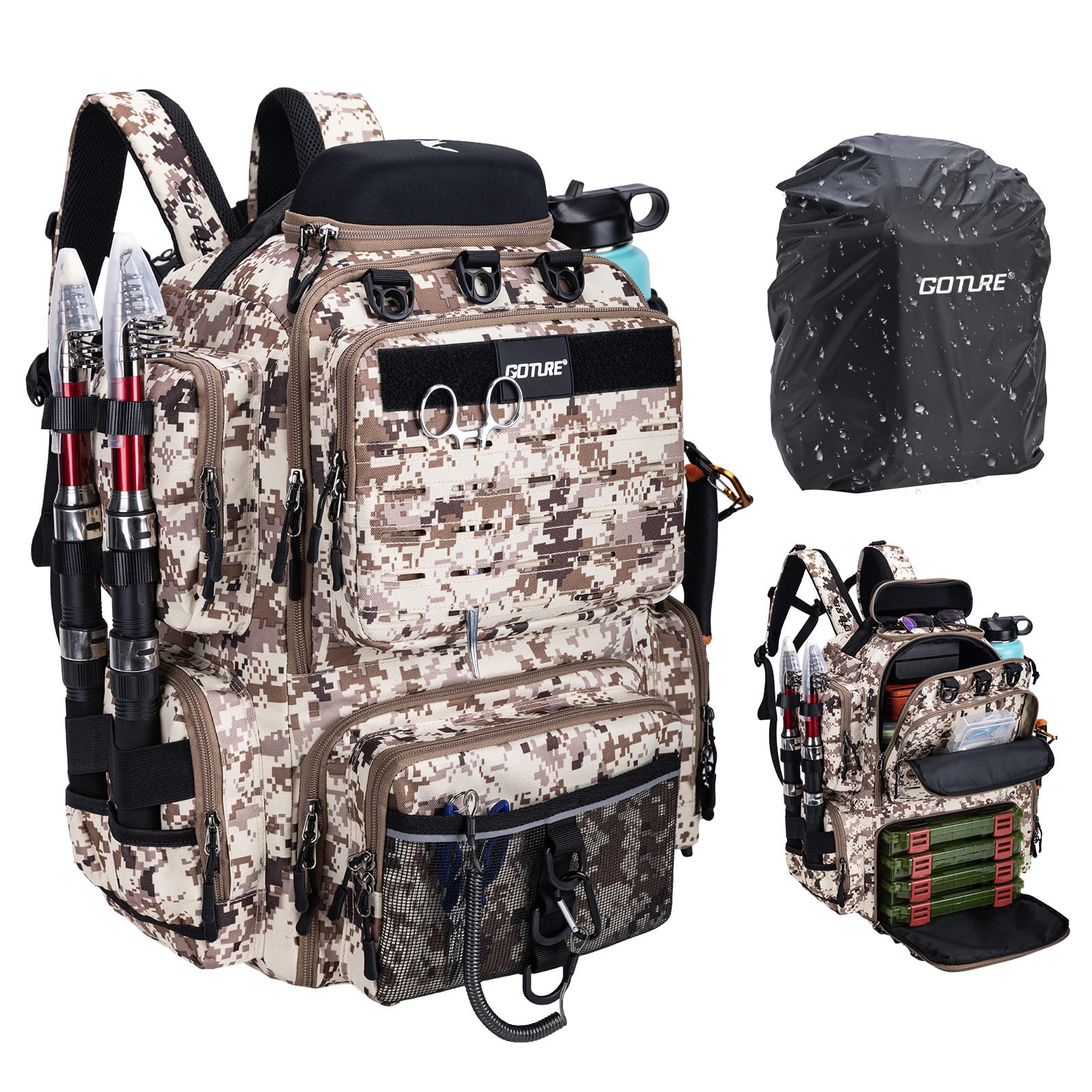 Goture Fishing Backpack, 900D Water-Resistant Tackle Backpack with Rod Holders, Hard Sunglasses Case, 45L Large Storage Gear Tackle Bag with Rain Cover, Bottle Holder for Travel Camping Hiking