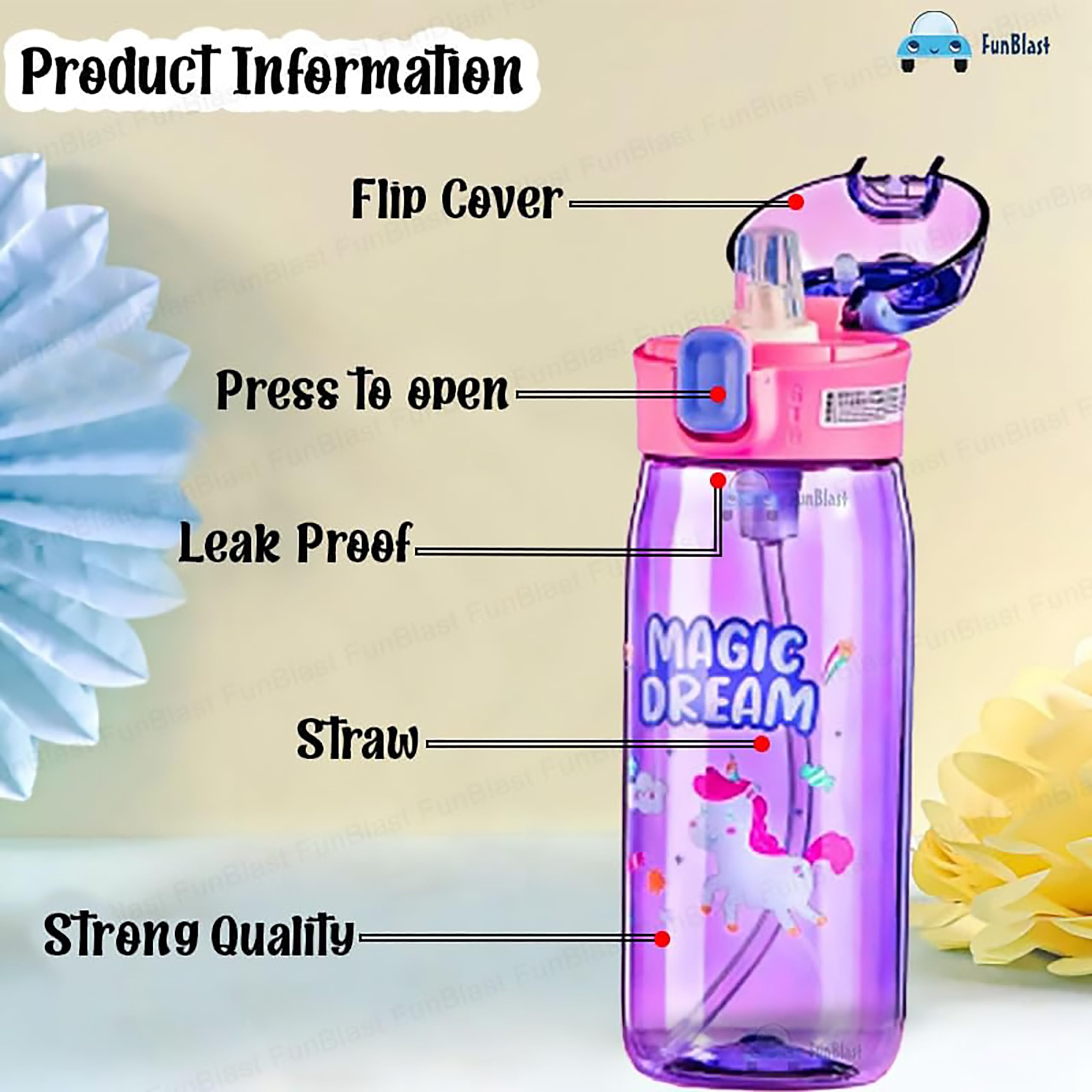 FunBlast Cute Water Bottle with Sipper, Water Bottle for kids, Sipper Bottle for Kids - Anti-leak Cartoon Kids Water Bottle for Kid (630 ML) (Unicorn) - Image 3 thumbnail