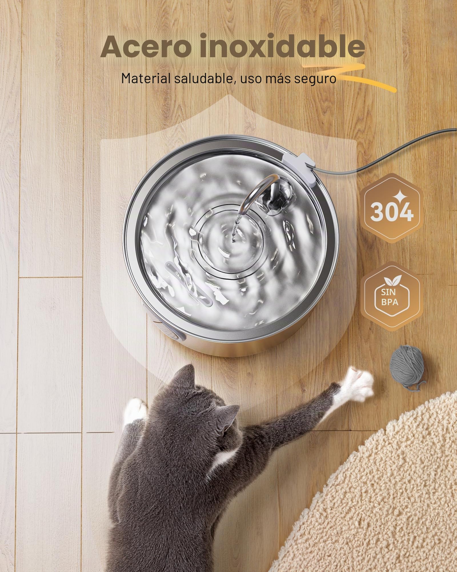 Fuente de gato de acero inoxidable - Fuente para mascotas de 108 oz/3,2 L para gatos de interior - Silenciosa - Contiene 8 filtros + 8 esponjas