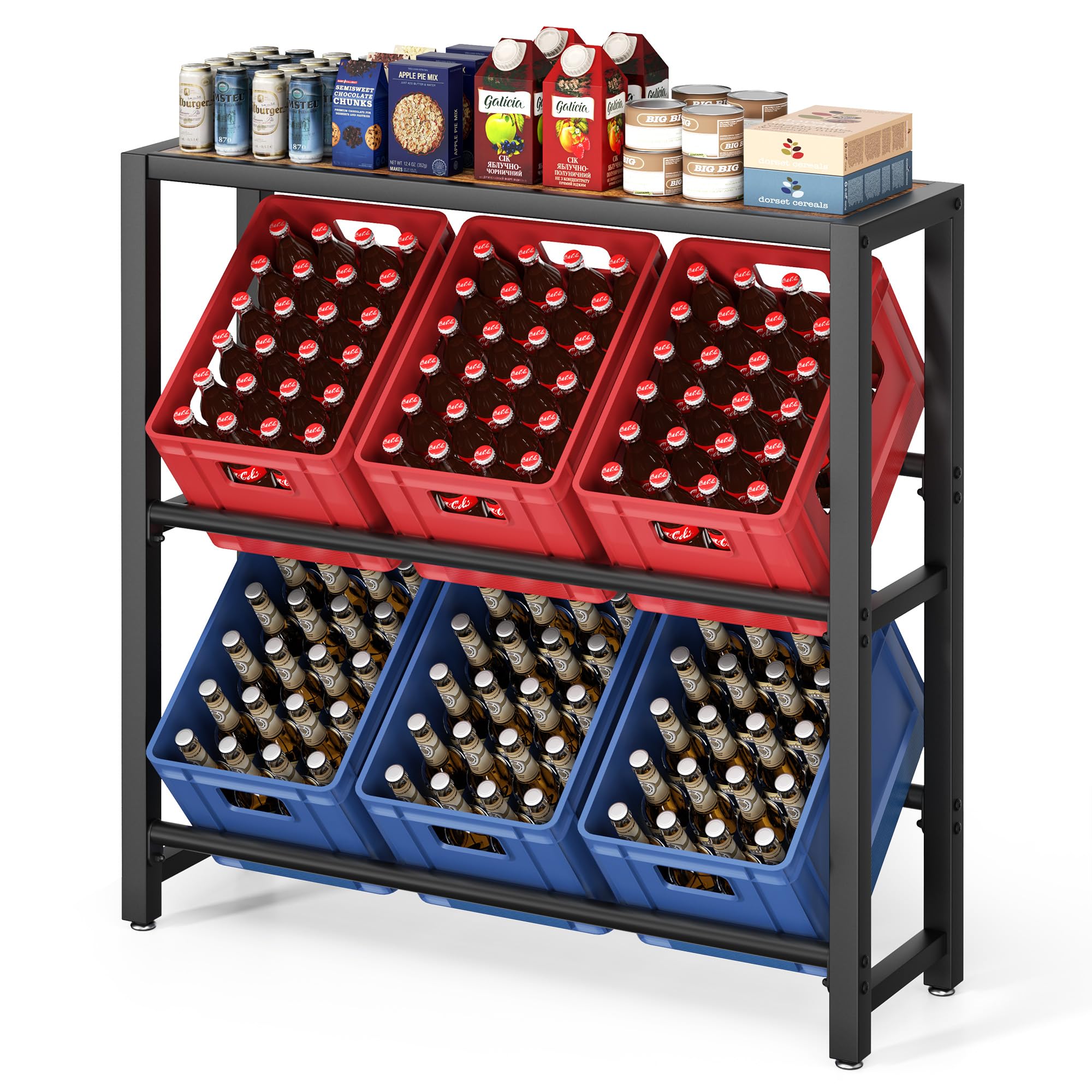 Josmimic Getränkekistenregal mit Ablage für 6 Kästen – Stabiles Metallregal in Schwarz, Platzsparendes Getränkekistenständer für Bier, Wasser & Softdrinks – Ideal für Küche, Keller & Abstellraum