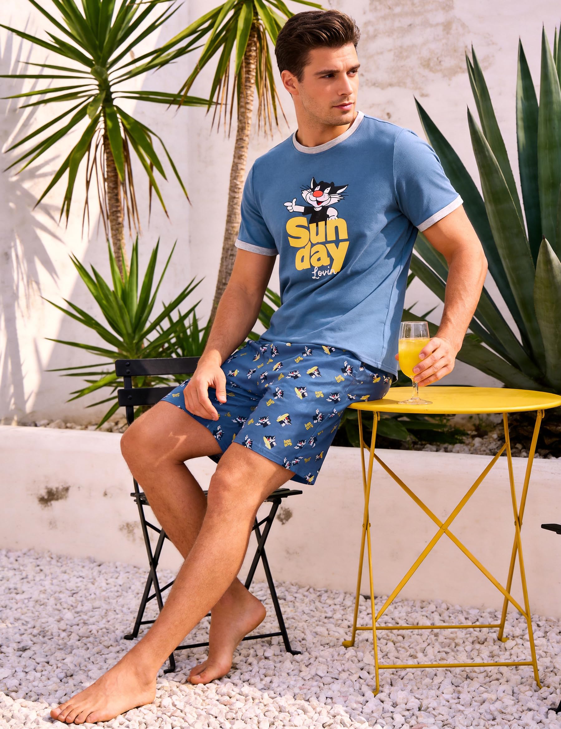Demegimi Pijama Hombre Algodón Pijama de Verano Divertido Hombre Conjunto Pijama Hombre Verano Manga Corta Pijamas para Mangas Camiseta Cortas con Bolsillos