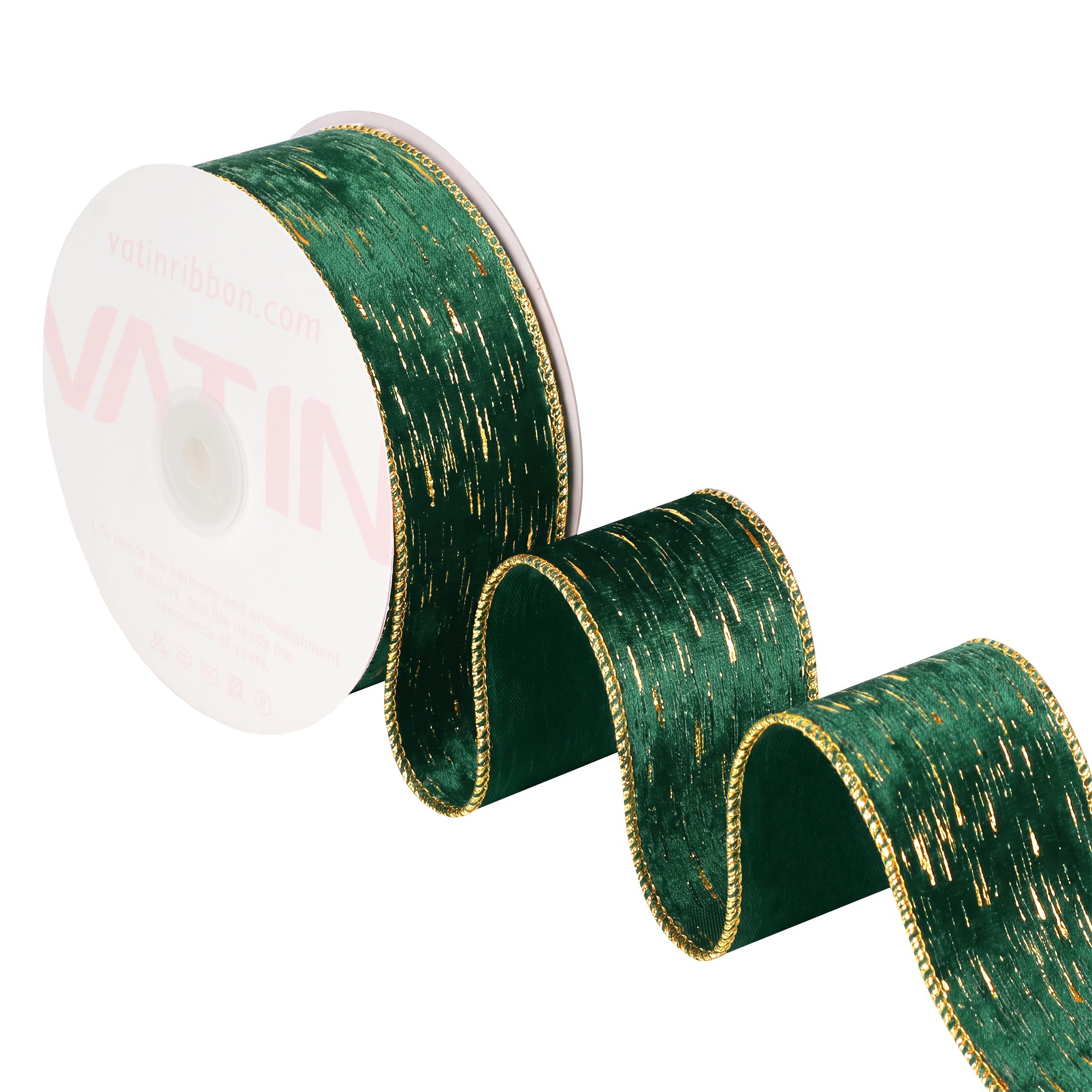 VATIN Green Gold Meteor Shower Wired Velvet Ribbon, 38 MM x 9 M