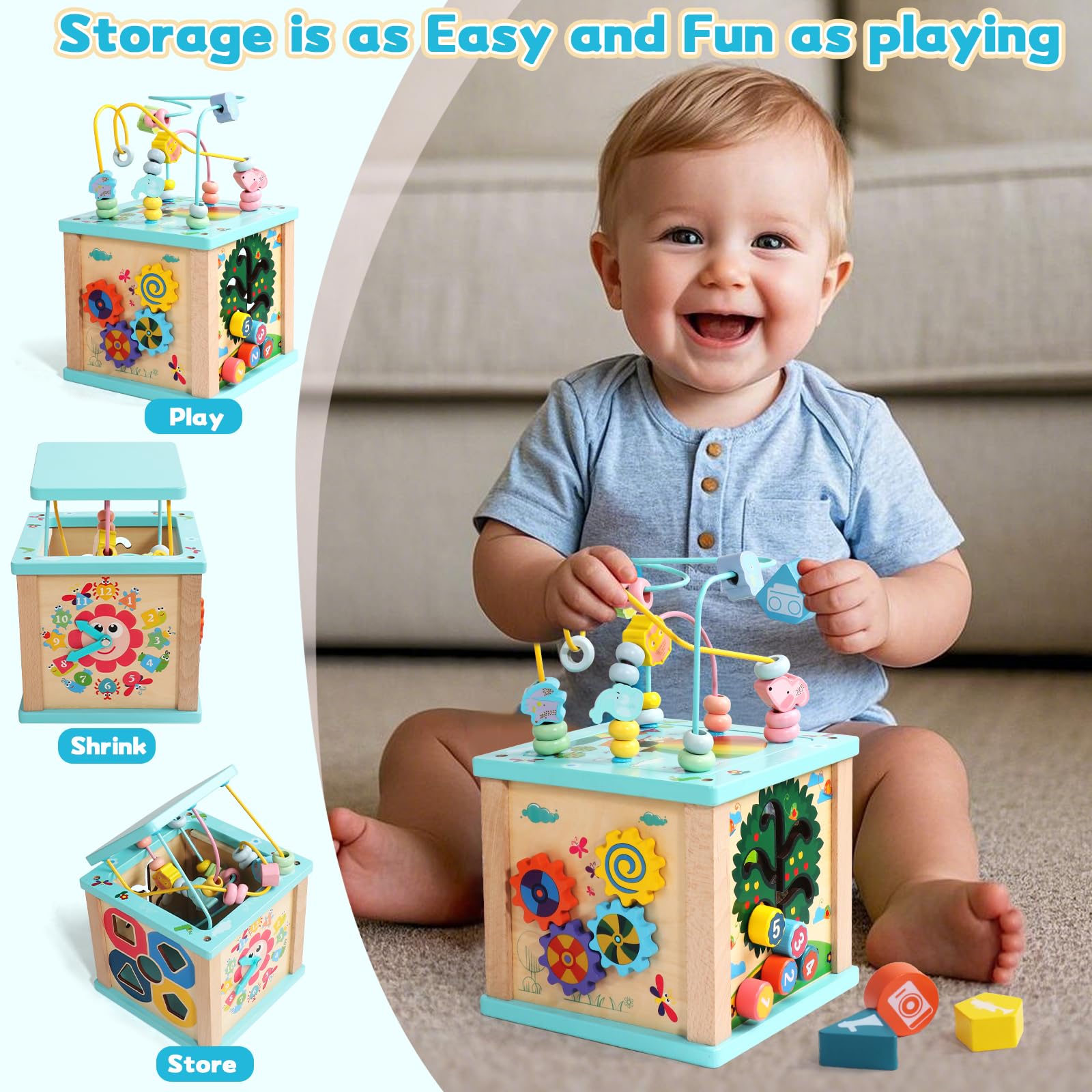 Fajiabao Motorikwürfel 5 in 1 Aktivitätswürfel Baby Holzspielzeug, Montessori Spielzeug ab 1 Jahr, Activity Center Baby 18 Monate Lernspielzeug Geschenk für Kinder Jungen Mädchen