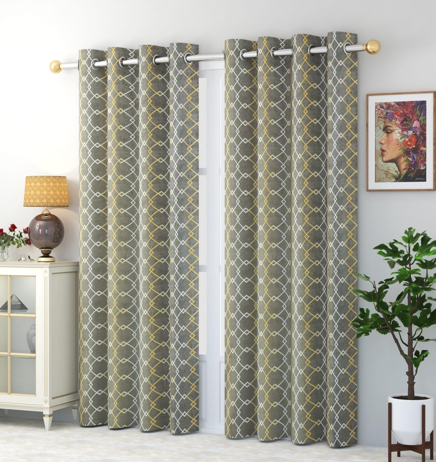 WO FLORA Latest Check Pattern Long Door Curtains for Living Room | Drawing Room Parde | Curtain Panel for Window, Grey Color 9 Feet 2 Pcs Set Curtains