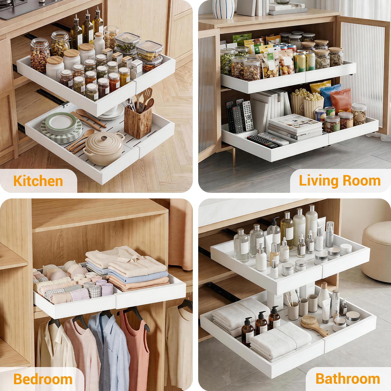 Teleskopschublade Ausziehbar, Küchenschrank Schubladenauszug Mit Kleber, Ausziehbarer Schrank Organizer Ohne Bohren für Küche Bad Wohnzimmer, Einstellbare Breite 32-53 cm, Weiß, 1 Stück