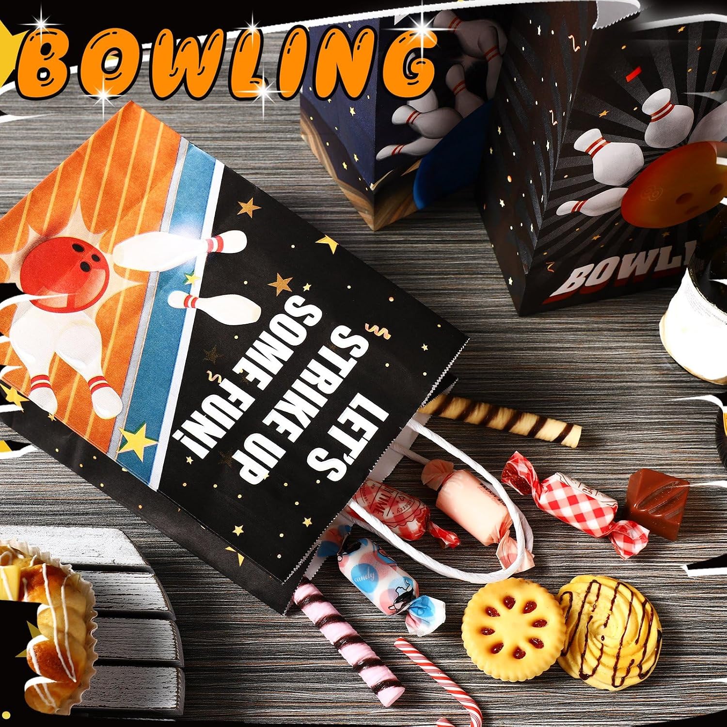 Condition photo showing New/Like New for kolldenn 48 pcs bowling party favors bags bowling ball goodie gift paper bags with handles sport candy treat pouch for ball birthday party decorations supplies 48 bowling