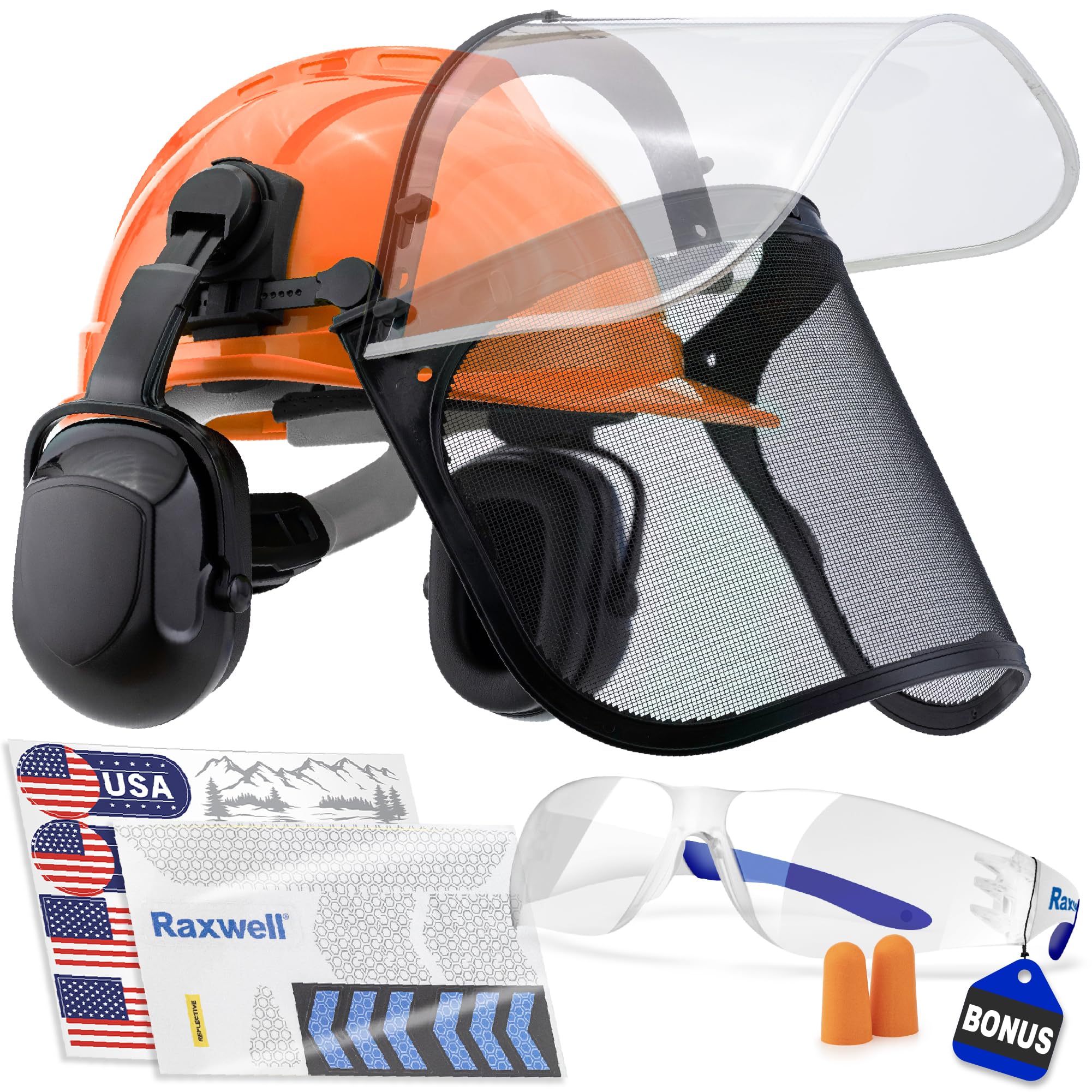 Raxwell Chainsaw Safety Helmet – ANSI Certified 6-in-1 Forestry Hard Hat with Ear Muffs, 2 Visors, Goggles & Earplugs – 30dB Noise Reduction –