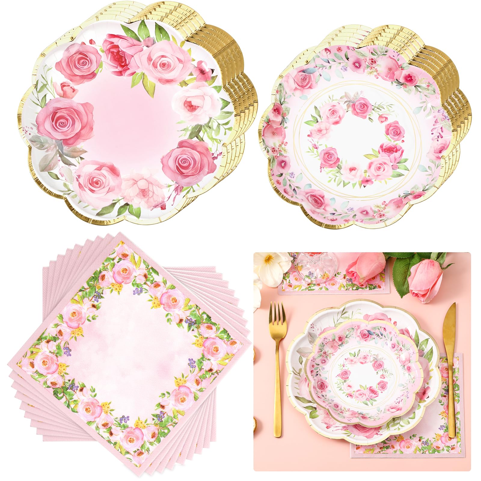 Tanlade 96 Stück rosa Teller und Servietten mit Blumenmuster, 24 Stück, Einweg-Papierteller mit gewelltem Rand, 2-lagige Papierservietten für Hochzeit, Geburtstag, Dekoration, Partyzubehör