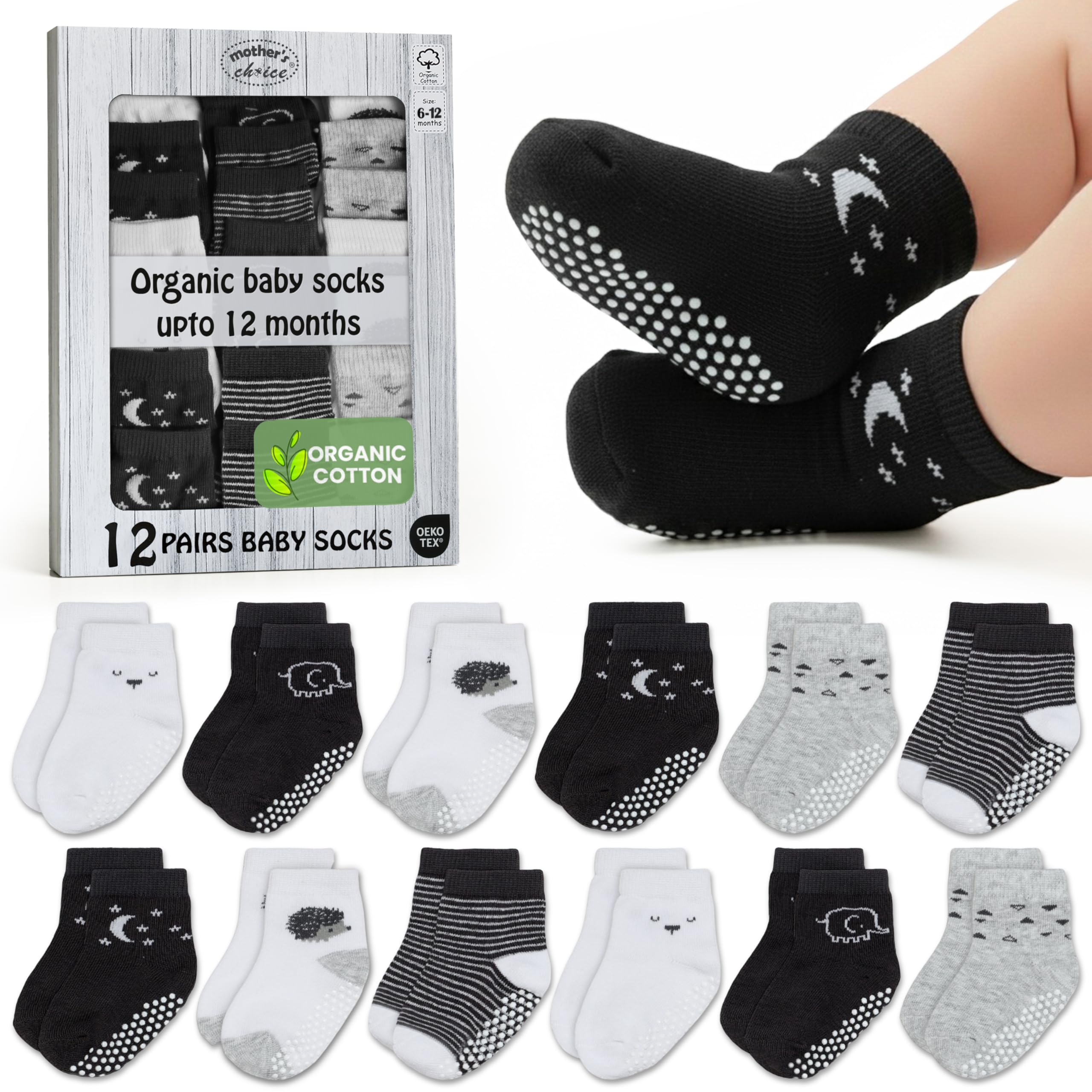 Mother's Choice Unisex Infant Black, White, Gray Baby Socks 0-6 Months - 12 Pairs, Organic Cotton Infant Socks, Soft & Hypoallergenic Newborn Socks (Uk, Age, 6 Months, 12 Months, )