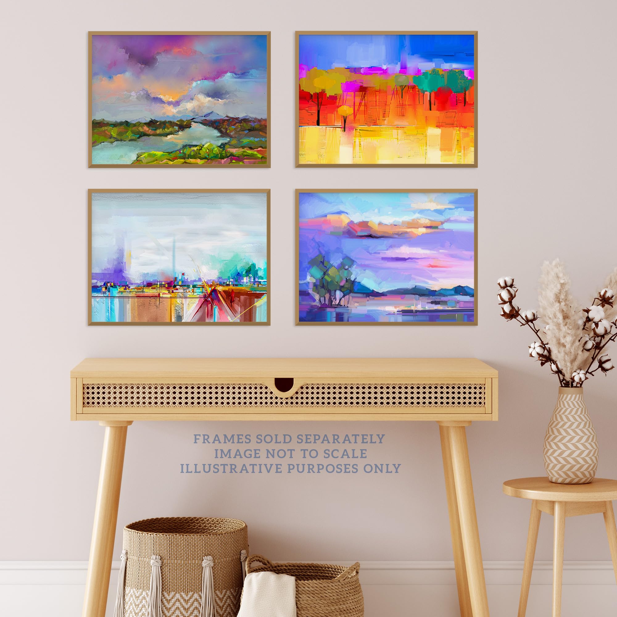 Wee Blue Coo Pack of 4 A4 Bright Multicoloured Coastal Landscape Abstract Oil Painting Unframed Wall Art Living Room Prints Set - Image 2