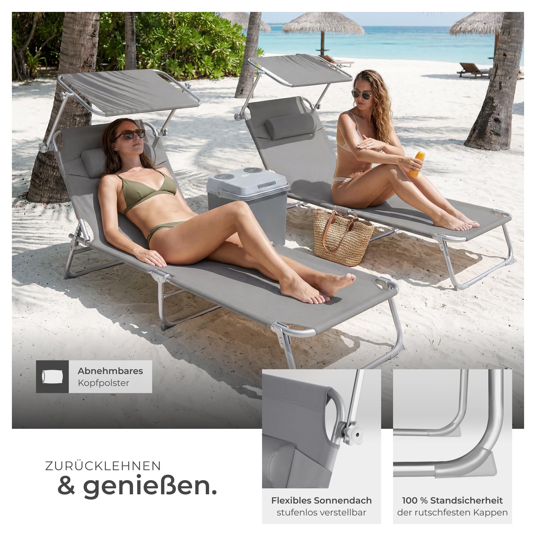 tectake 2er Set Sonnenliege - leicht und klappbar, leichte Liege für Camping und Garten, Perfekter Liegestuhl mit Dach, transportable und zusammenklappbar mit Griff