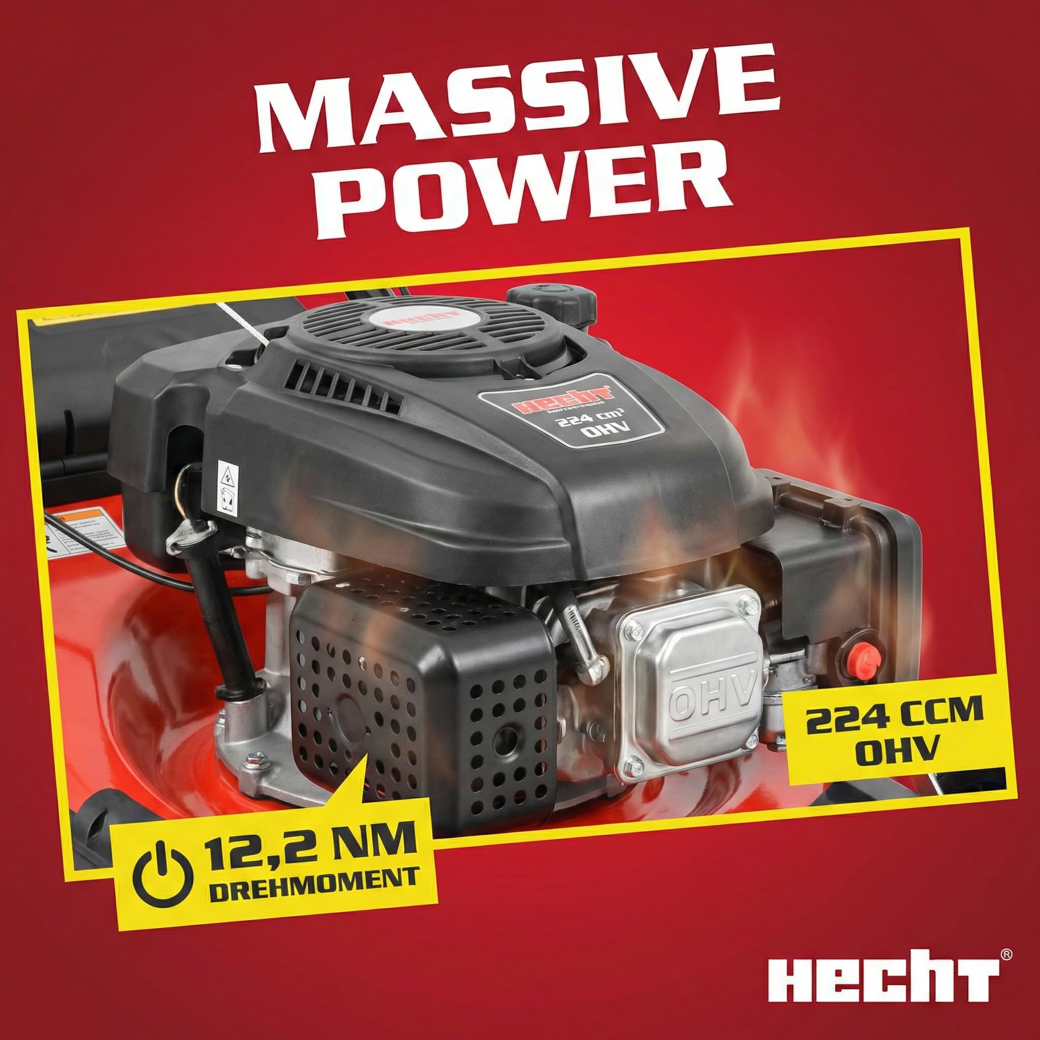HECHT 5-IN-1 Benzin Rasenmäher – leistungsstarker 4 Takt Eco Motor 4,4 kW (6,0 PS) – Seilzug Starter – mit 53 cm Schnittbreite – 75 l Fangkorb – Radantrieb – patentierte Räder – Mulchmäher