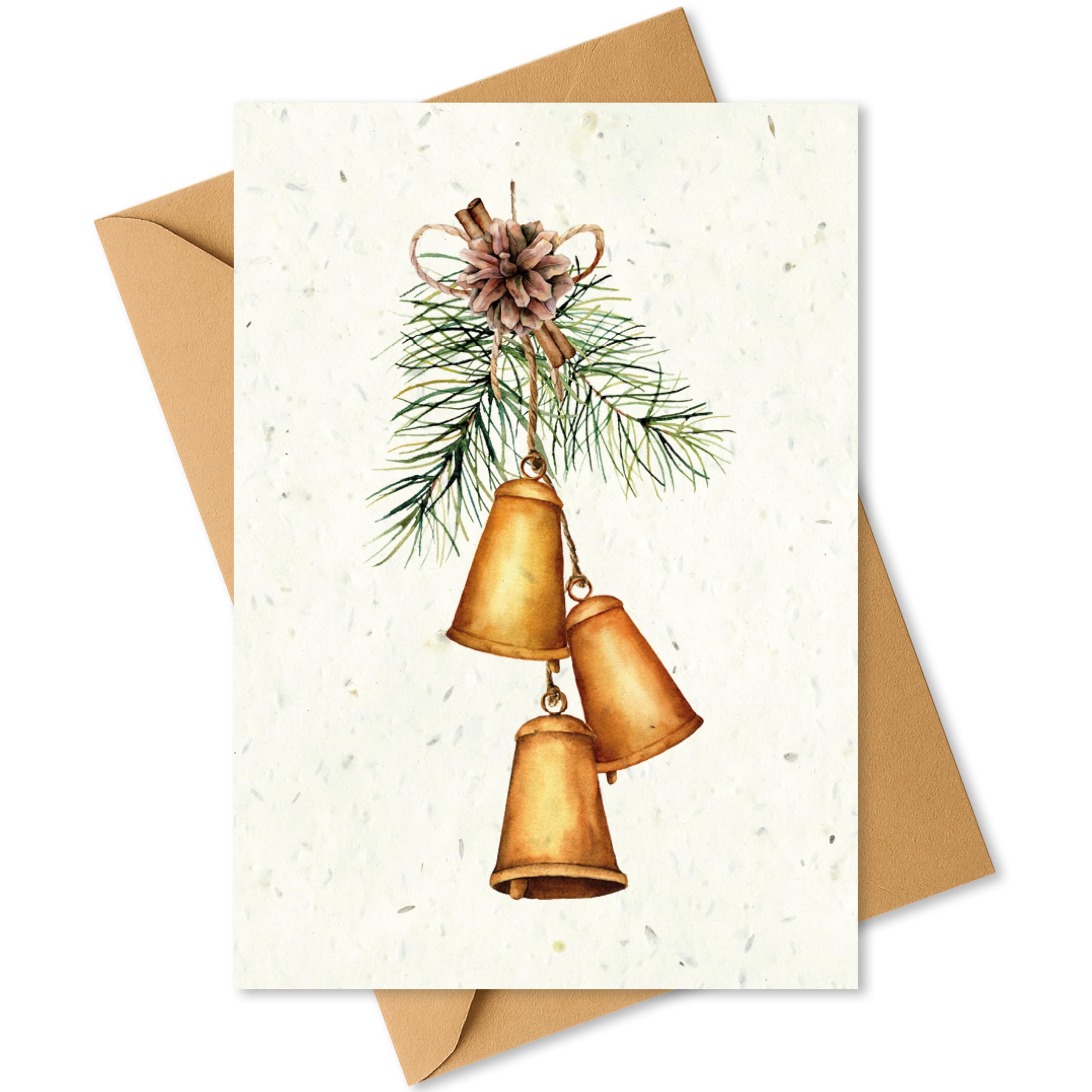 Plantable Christmas Card with Traditional Golden Bells – Eco Friendly Biodegradable Seed Paper Greeting Card, Zero Waste Christmas Card for Friends & Family (1 Card and Envelope)