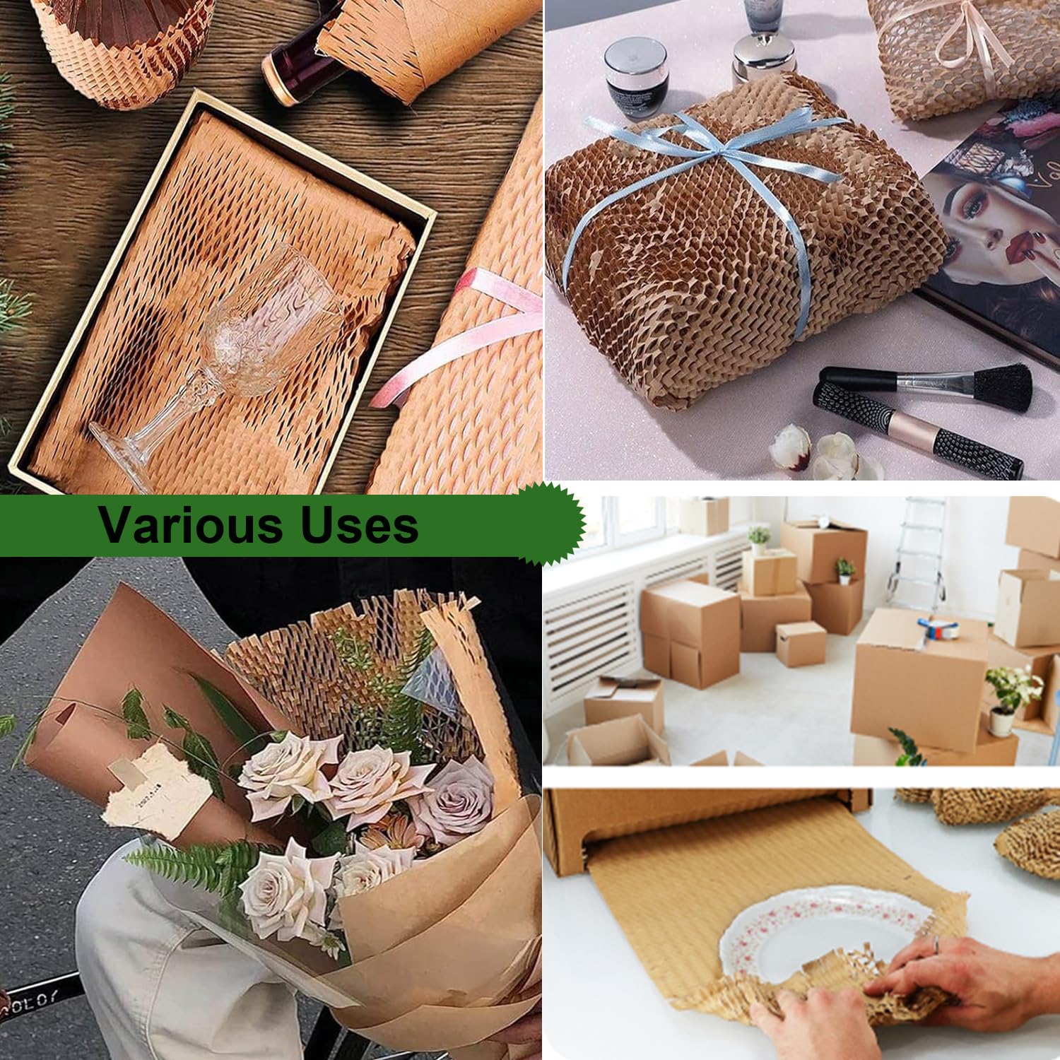 Verpackungspapier Rolle 50cm x 30m, Recycelbares Waben Packpapier Kraftpapier Rolle Biologisch Abbaubar Luftpolsterfolie für Umzug, Versand, Verpackung, Zerbrechlich