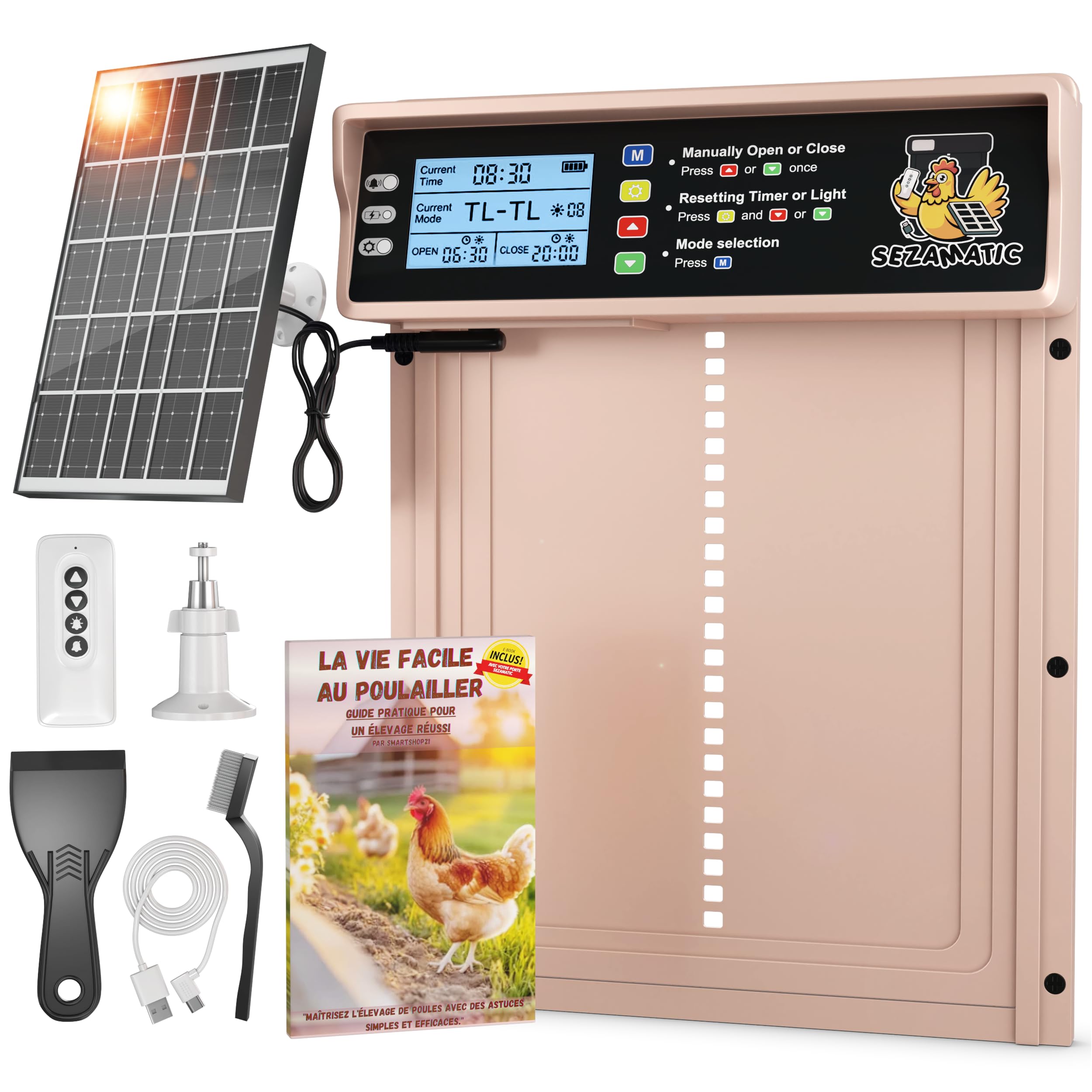 Porte Poulailler Automatique Solaire SEZAMATIC - Aluminium - Ecran LCD - Télécommande - Capteur de Lumière et Minuterie - Fonction Anti-pincement - Sécurité et Tranquillité d'esprit - Garantie 2 Ans
