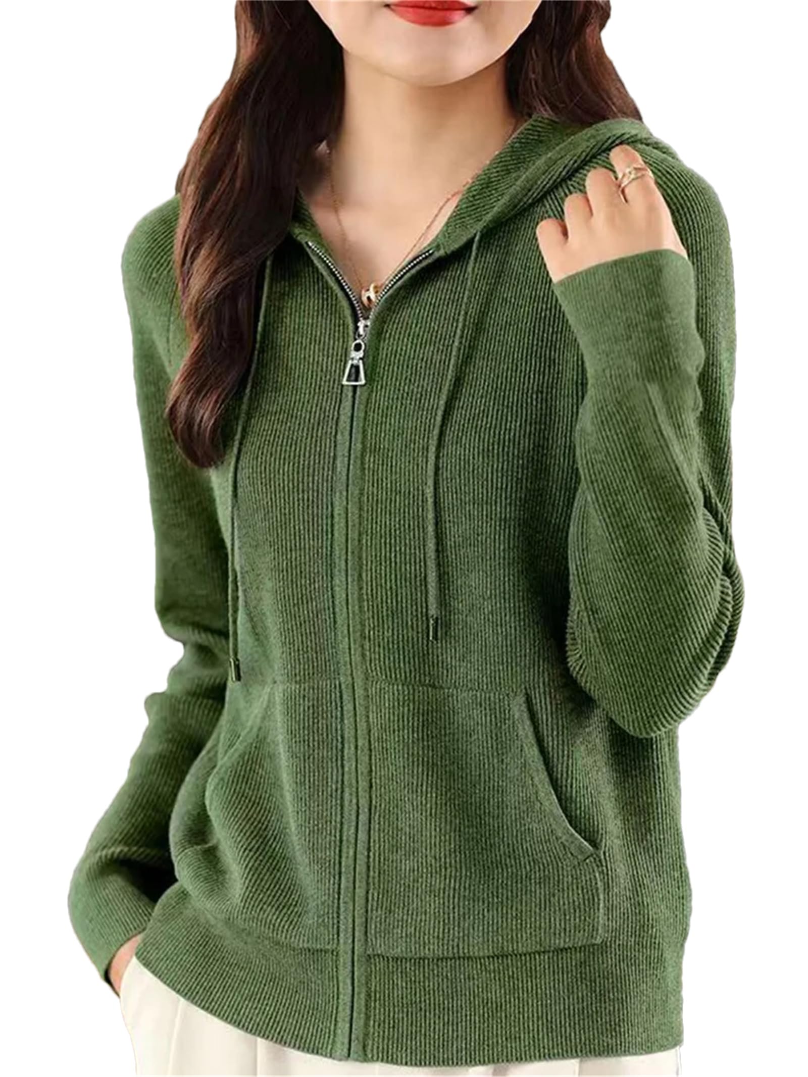 Maglione da donna in lana lavorato a maglia a maniche lunghe con cerniera e cappuccio in cashmere