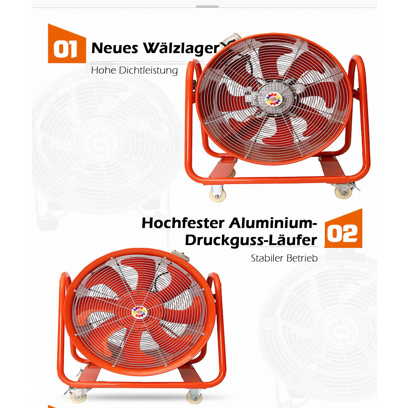 Bauventilator 18 Zoll Ø460mm - Baugebläse 1100W 9000m³/min Baulüfter Gebläse 2800r/min Axiallüfter Axialgebläse 73dB Bautrockner Baulüfter