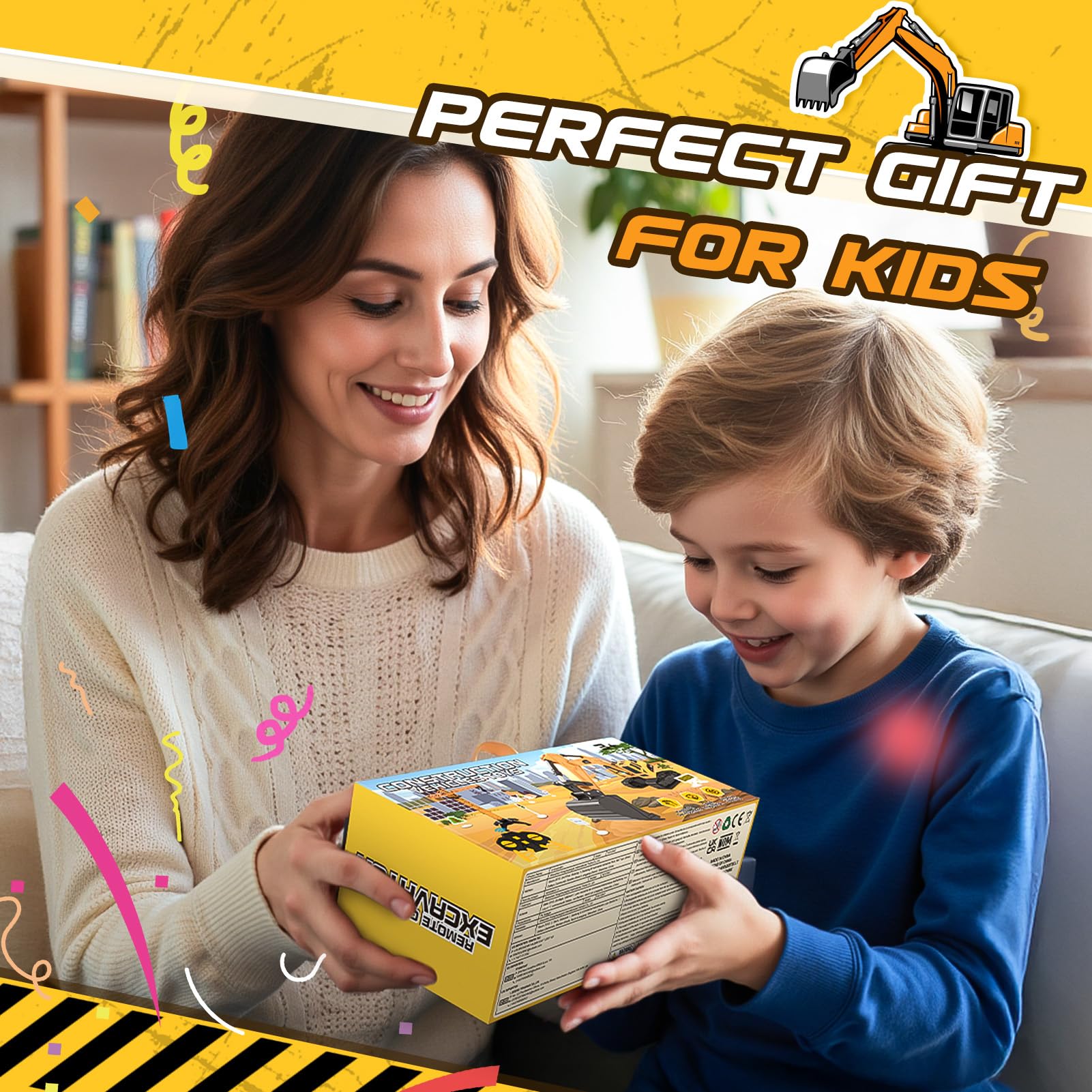HappyGoLucky 1:24 Excavadora Juguete Teledirigido para Niños 3-9 Años, Camiones Juguete RC Teledirigido 2.4GHz con Grúa Torre y Señales de Tráfico, Luz LED, Mini Excavadora, Regalo Cumpleaños/Navidad