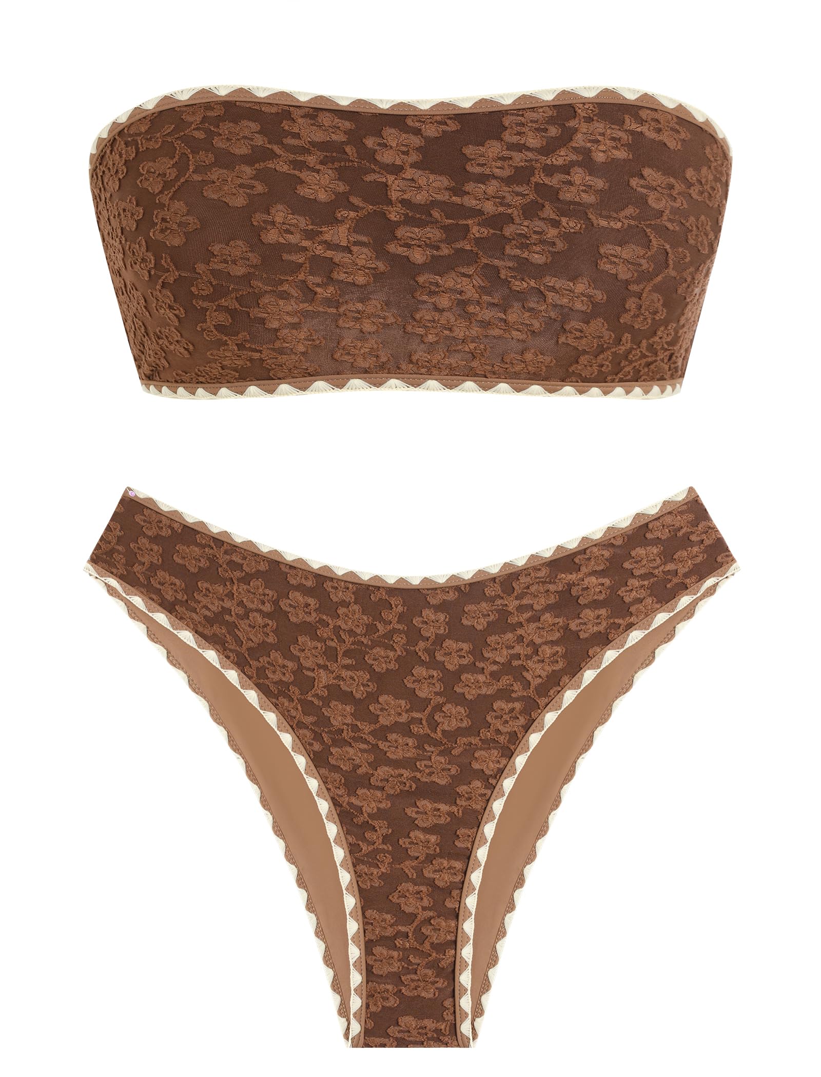 ZAFUL Women's High Cut Bandeau Bikini Set Strapless 2 Pieces Bathing Suit | Solid Color Swimsuit High-waisted Bikini Set
