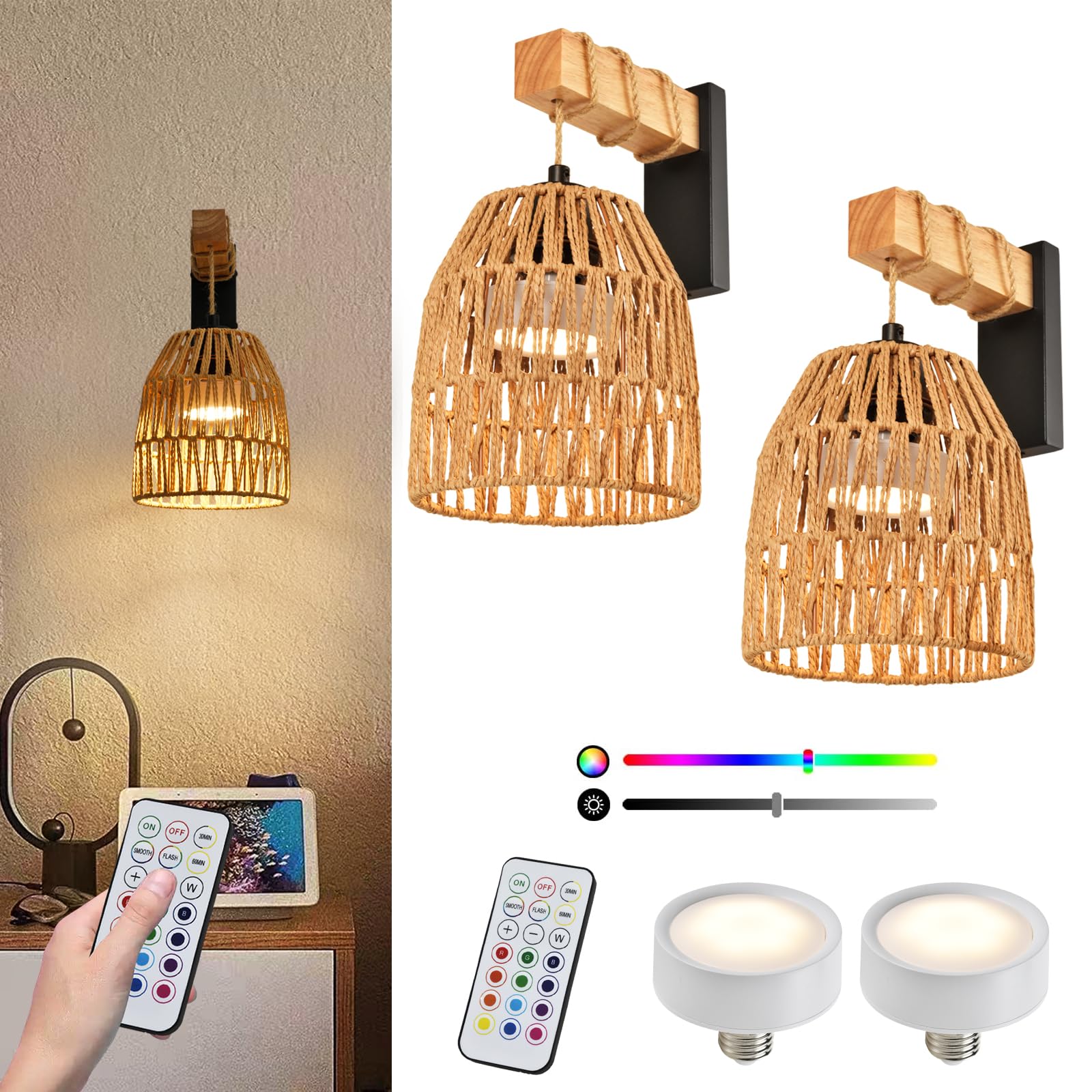 Battery Operated Wall Sconce Set of Two, Rattan Wall Sconces Battery Operated Set of 2, Boho Battery Wall lights with Remote, Wireless Wall Sconce for Bedroom,Living Room, Entryway 15 Colors Dimmable