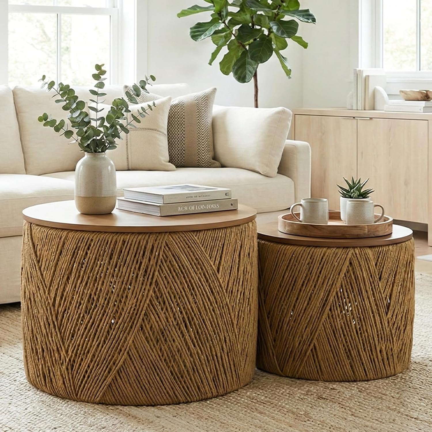 chairus Nesting Coffee Table Set of 2 Boho Round Living Room Tables with Storage Woven Rattan Center Table for Living Room, Bedroom, Lounge, Guests Room, Waiting Room, Natural