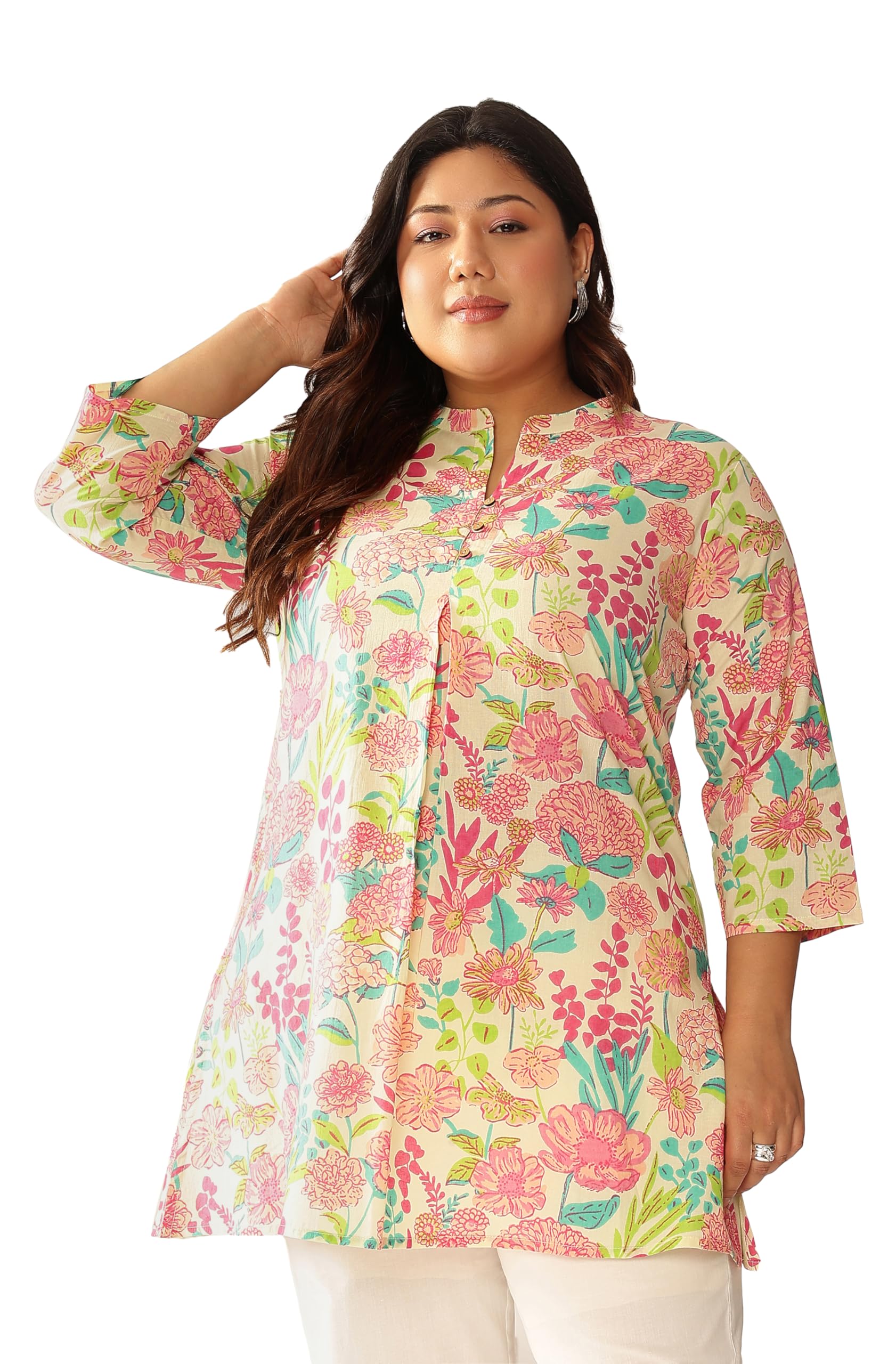 janasya Women's Plus Size Cream Pure Cotton Floral Printed A-line Tunic-picture-50