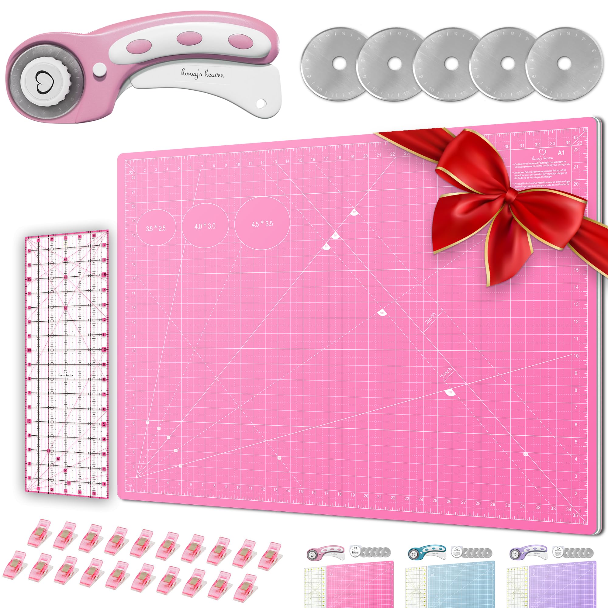 Juego de cortadores rotativos – Kit de acolchado con cortador de tela de 45 mm, 5 cuchillas de repuesto – Ideal para manualidades, costura, patchwork, ganchillo y tejer (rosa, juego A1 de 91 x 60 cm)