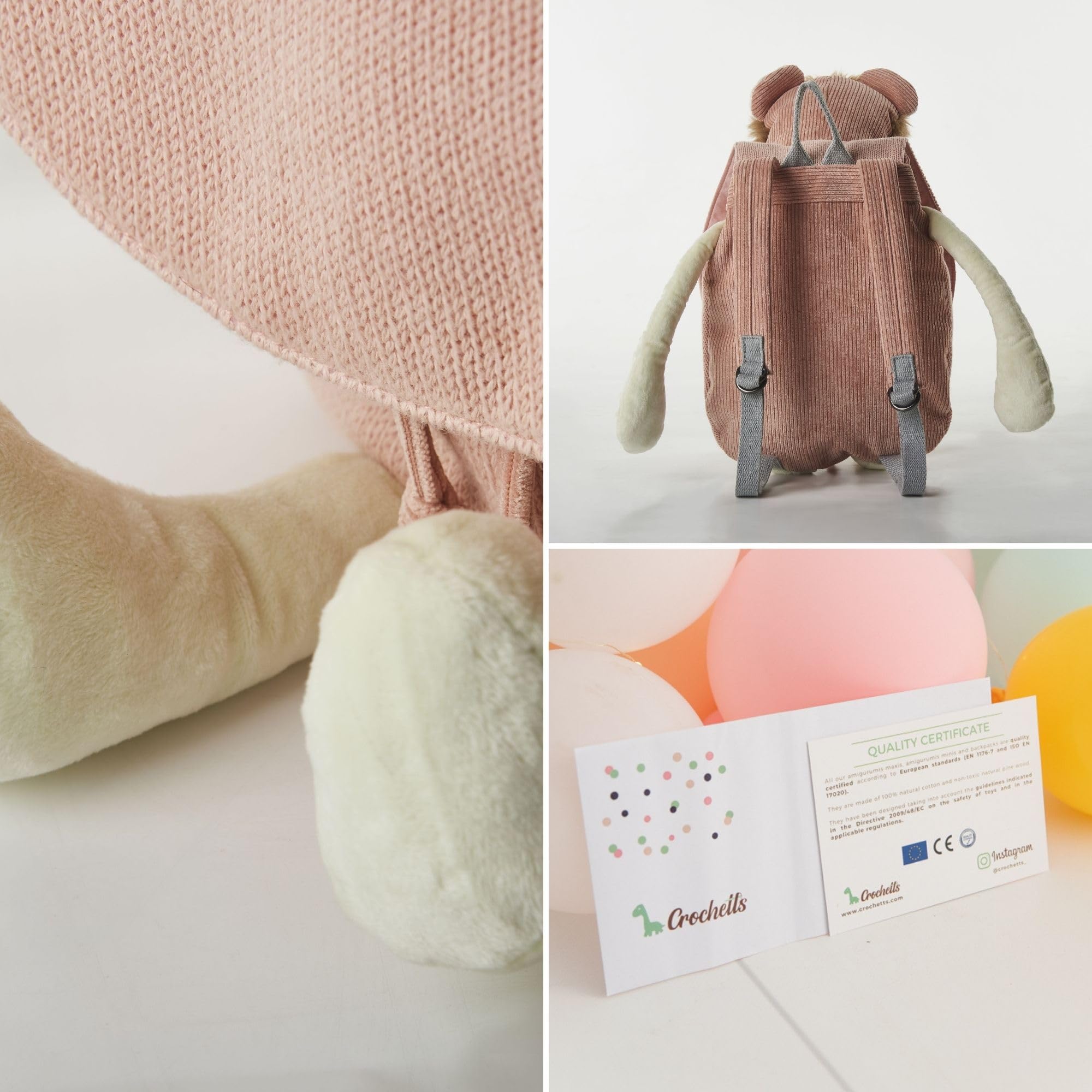 CROCHETTS | Plecak dziecięcy 2-5 lat do przedszkola Monito szydełkowany z hipoalergicznej wełny bawełnianej. Podwójny zamek błyskawiczny i regulowane uchwyty. Kolory różowo-białe, Różowy, biały