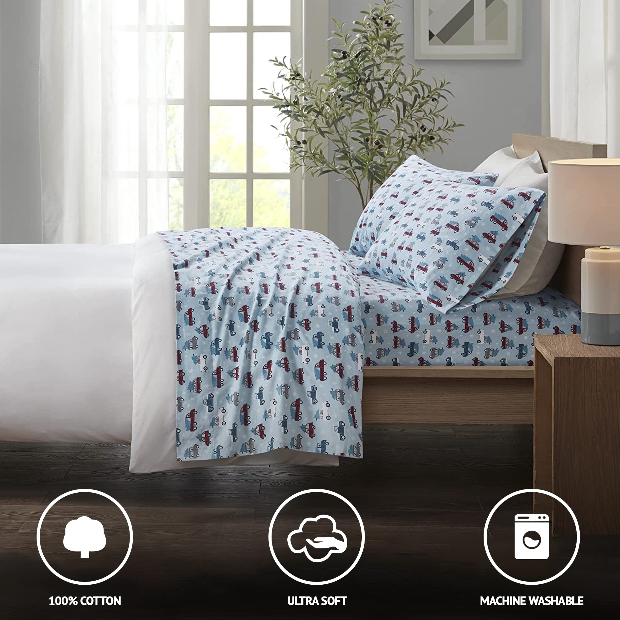 Sleep Philosophy True North Cozy Flannel Warm 100% Cotton Sheet - Novelty Print Animals Stars Cute Ultra Soft Cold Weather Bedding Set, Full, Blue Cars, 4 Piece